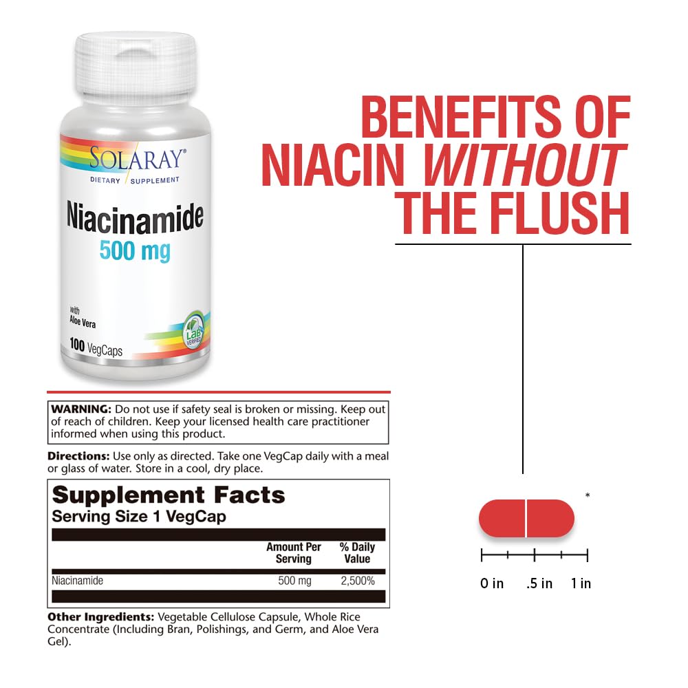 Solaray Niacinamide 500mg Vitamin B3 Supplement - Supports Energy Metabolism, Circulation, Nerve & Skin Health - 100 Capsules - Ideal for Daily Wellness & Immune Support