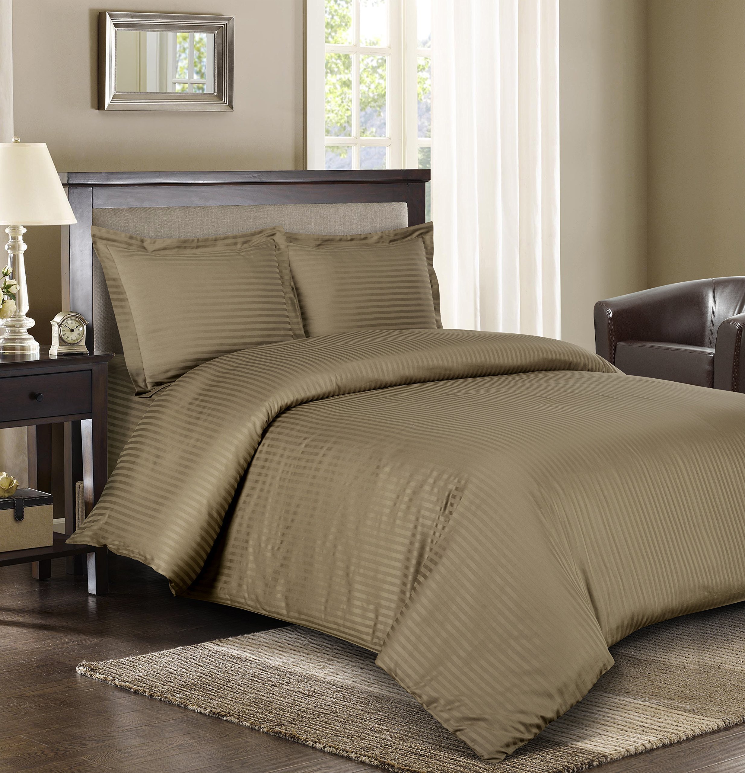 Royal Hotel Luxury 300-Thread-Count King Size Striped Brown 3-Piece Duvet Cover Set with 1 Siberian Goose Down Alternative Comforter - 100% Cotton Bedding for Upscale Hotels & Cozy Home Bedrooms