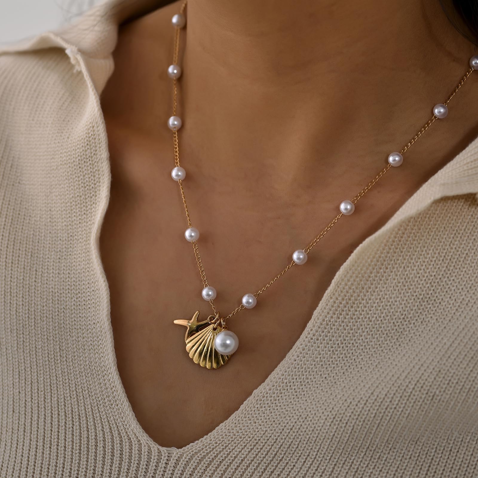 Bohemian Layered Shell Necklace for Women - Pearl, Starfish & Seashell Pendant Choker - Beach Jewelry Gift for Summer Vacation, Bridal Shower, Bachelorette Party & Coastal Fashion Accessory
