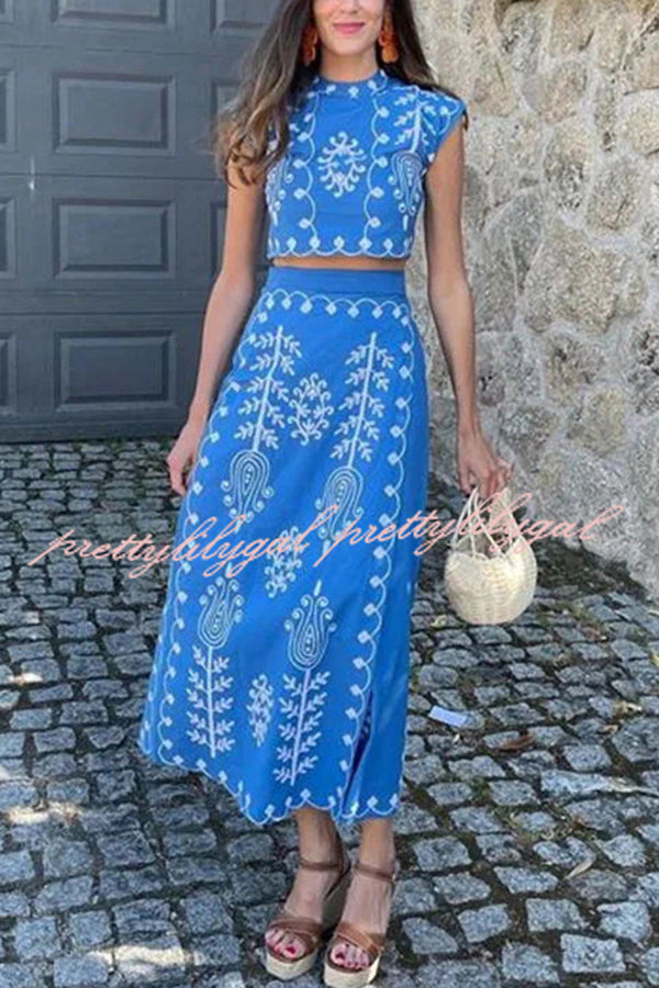 Rima Linen Blend Ethnic Print Crop Top & Tie-Up Wrap Midi Skirt Set | Bohemian Summer Outfit for Beach, Music Festivals & Vacation