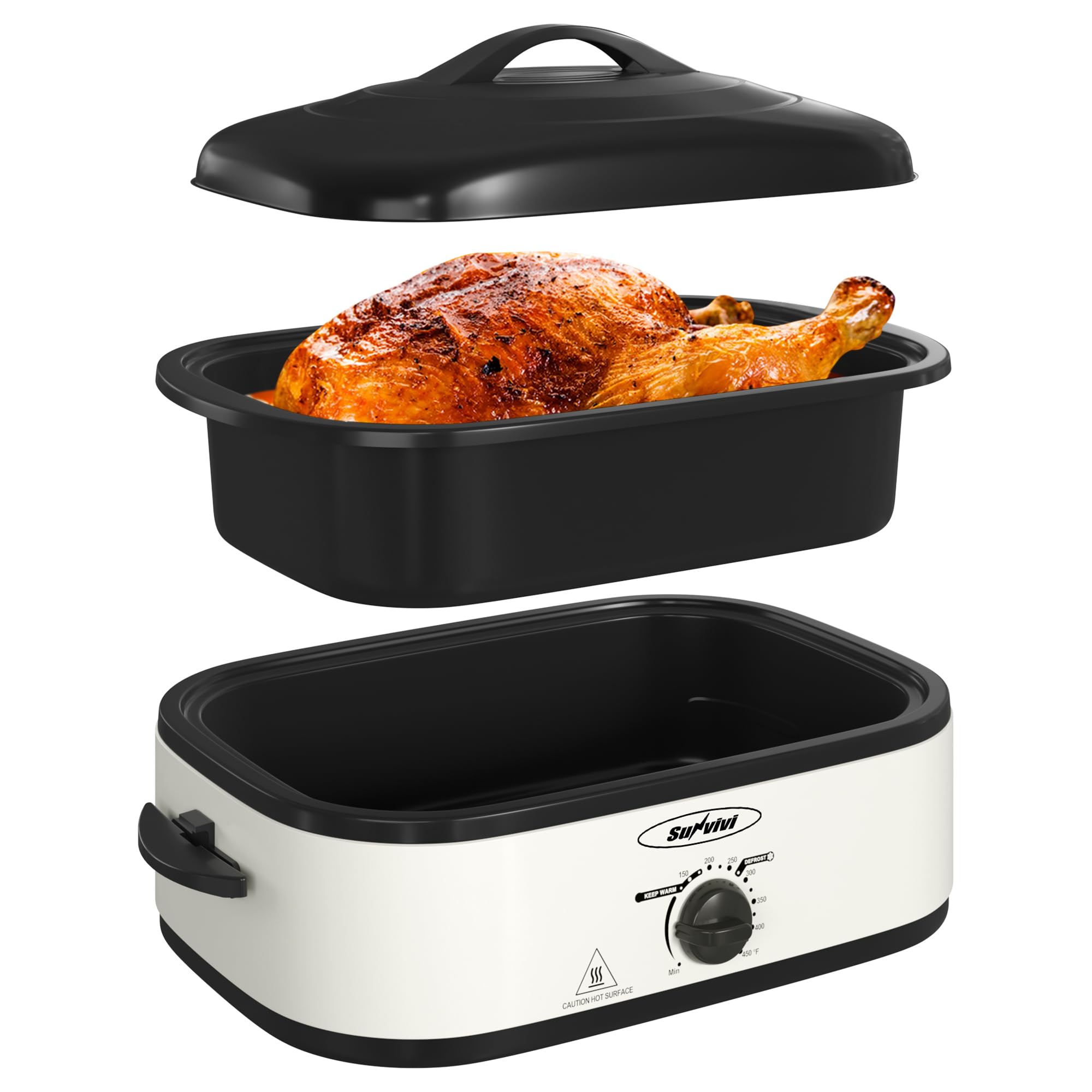 Sunvivi 14-Quart Electric Roaster Oven with Self-Basting Lid - Stainless Steel Turkey Roaster with Removable Pan & Rack - Perfect for Thanksgiving, Holiday Cooking & Large Family Gatherings (White)