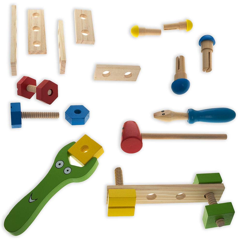 BestPysanky 21-Piece Construction Building Tool Set in Wooden Toolbox - Perfect for Kids DIY Projects, STEM Learning & Pretend Play