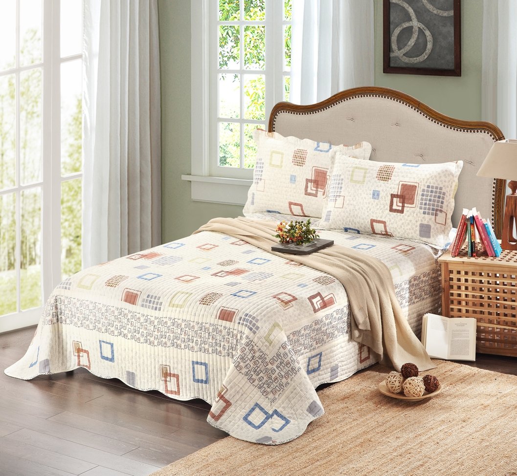 3-Piece Geometric Cotton Reversible Quilt Set - Full Size Bedspread with Matelasse Design | Soft & Breathable for All Seasons | Perfect for Bedroom, Guest Room, or Dorm Decor