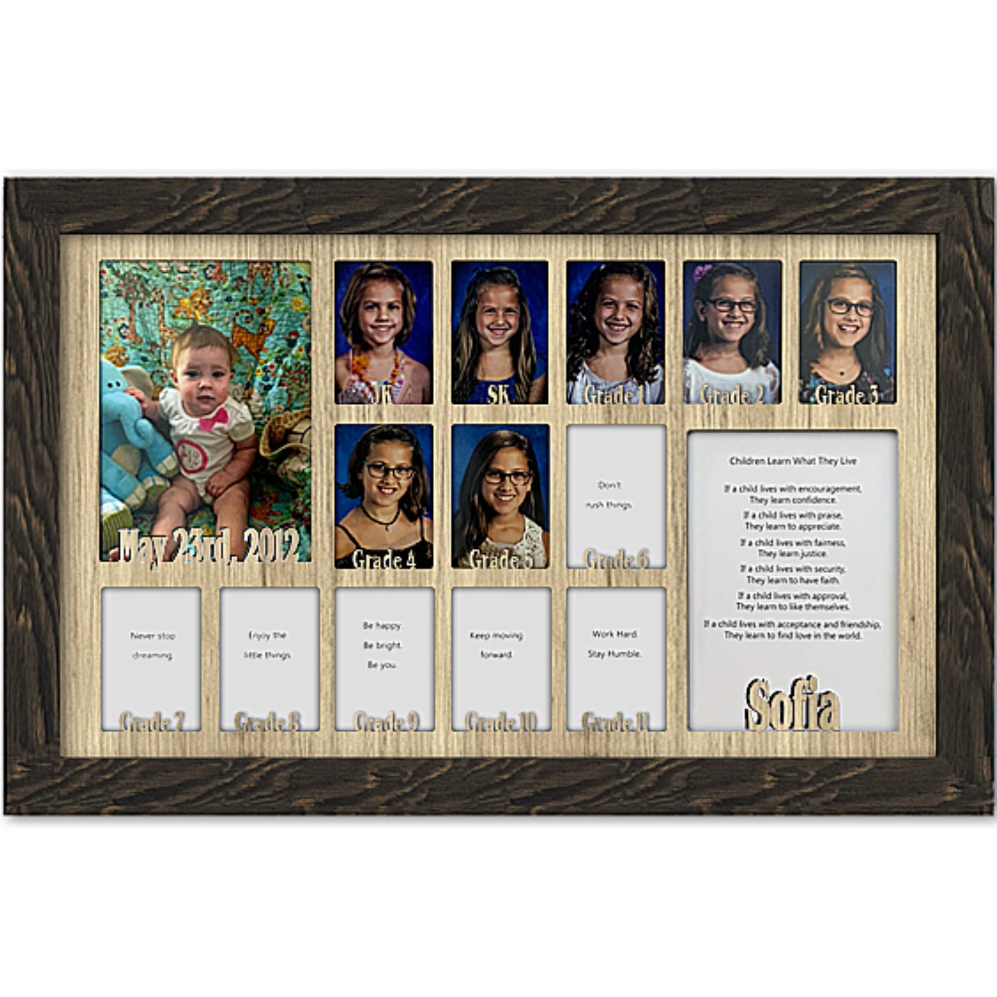 Personalized Northland School-Years Picture Frame - Holds Twelve 2.5x3.5 & One 5x7 Photo - Custom Name Engraved - Barnwood Espresso Frame with Unfinished Mat - Perfect for JK SK to Graduation Memories - Ideal for Nursery, Classroom Decor or Graduation Gifts (12x20)