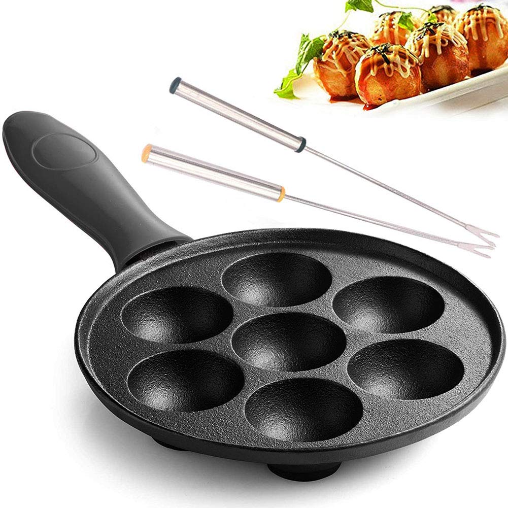 Pre-Seasoned Cast Iron Aebleskiver Pan - Danish Stuffed Pancake Balls, Takoyaki & Appam Maker with 2 Free Takoyaki Sticks & Silicone Handle - Perfect for Home Cooking, Camping & Party Snacks