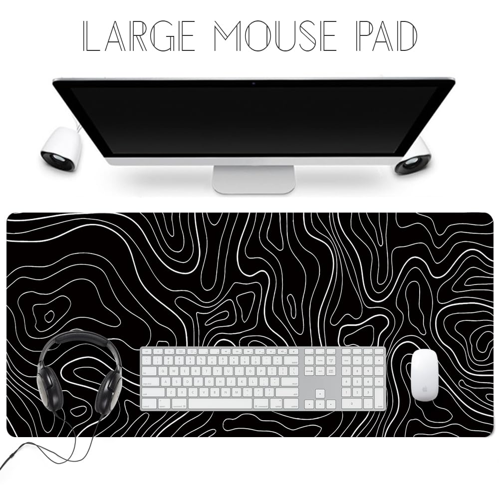 Large Gaming TOPO Keyboard Mouse Pad - Black & White Topographic Design with Anti-Slip Rubber Base - Extended XXL Desk Mat (31.5