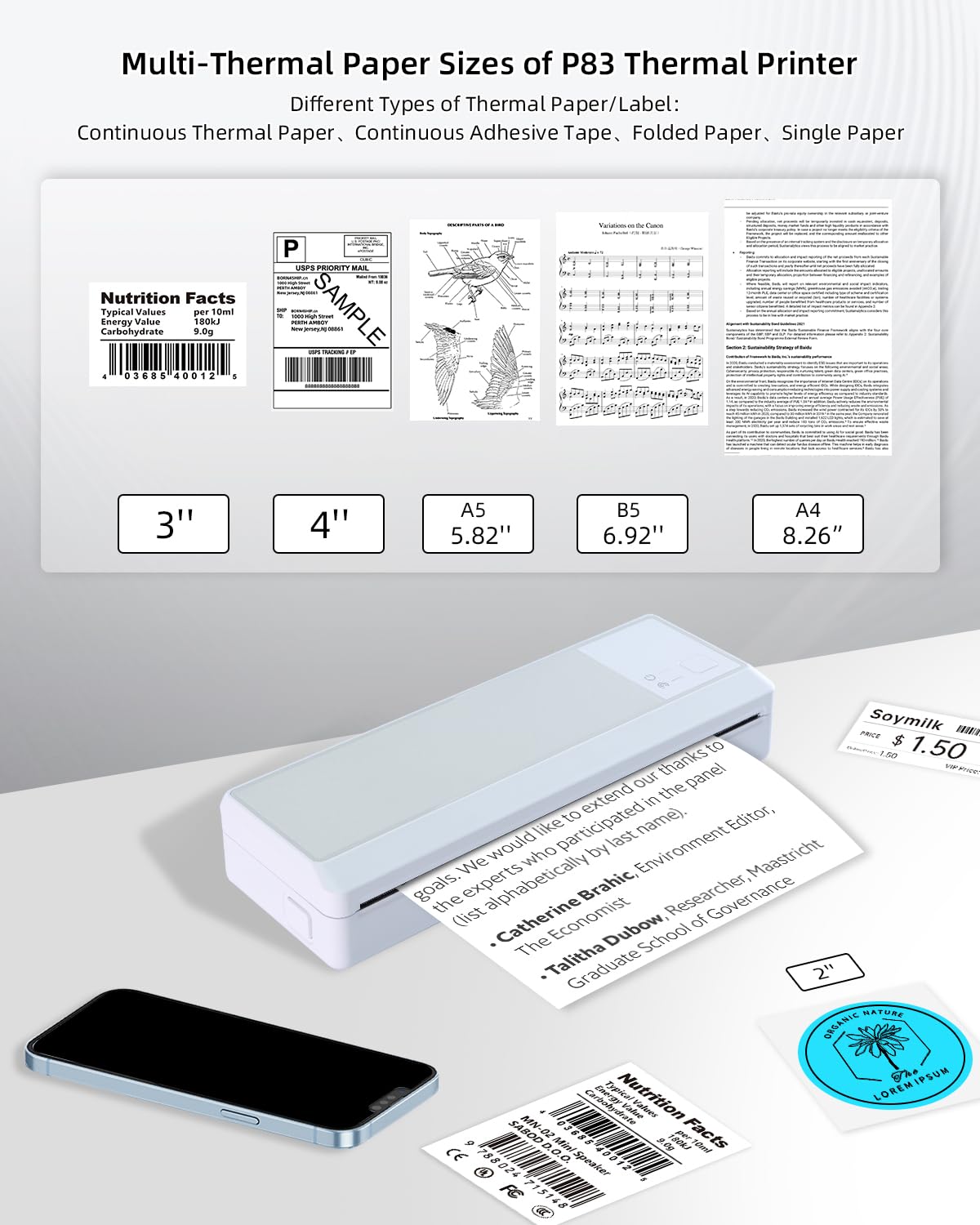 Portable Bluetooth Thermal Printer - Wireless Mini Printer for Android & iOS, Compatible with PC, Supports Multi-Size Thermal Paper (300DPI Inkless) - Perfect for Travel, Office, School, Receipt Printing, Label Making & Home Organization