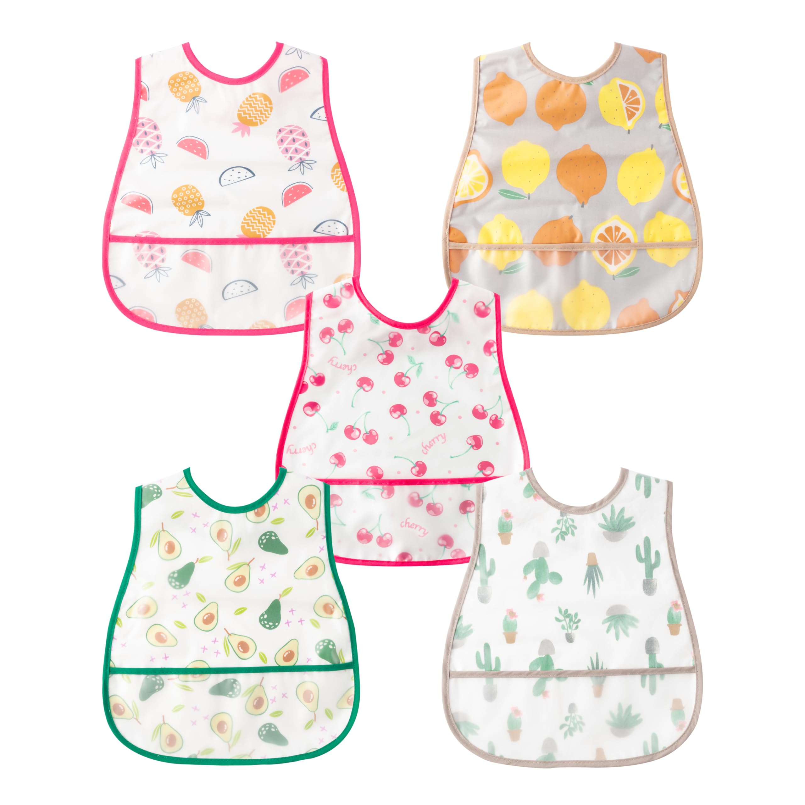 R HORSE 5-Pack Waterproof Baby Bibs with Crumb Catcher Pocket & Snap Buttons - Soft Feeding Bibs for Toddlers 6-24 Months - Ideal for Mealtime, Snacks & Messy Play