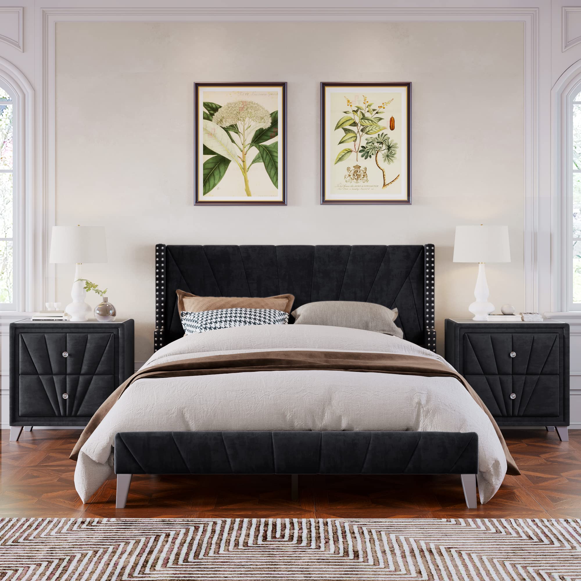 Merax 3-Piece Queen Bedroom Furniture Set - Black Velvet Upholstered Platform Bed with 2 Nightstands | Modern Bedroom Decor for Master Bedroom, Guest Room & Apartment