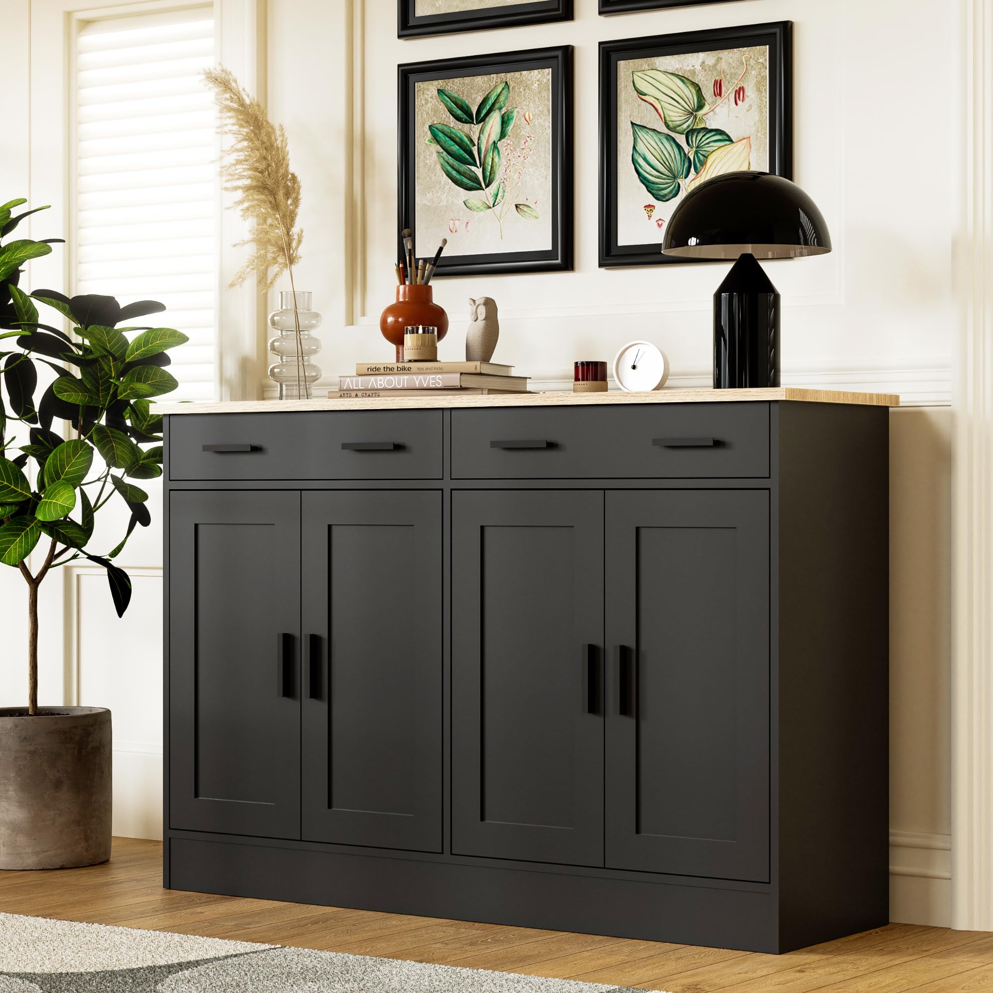 Anystyle Black Buffet Cabinet - Coffee Bar Cabinet with 2 Drawers & 4 Doors - Kitchen Buffet Sideboard for Living Room & Dining Room - Perfect for Home Storage, Entertaining & Displaying Decor