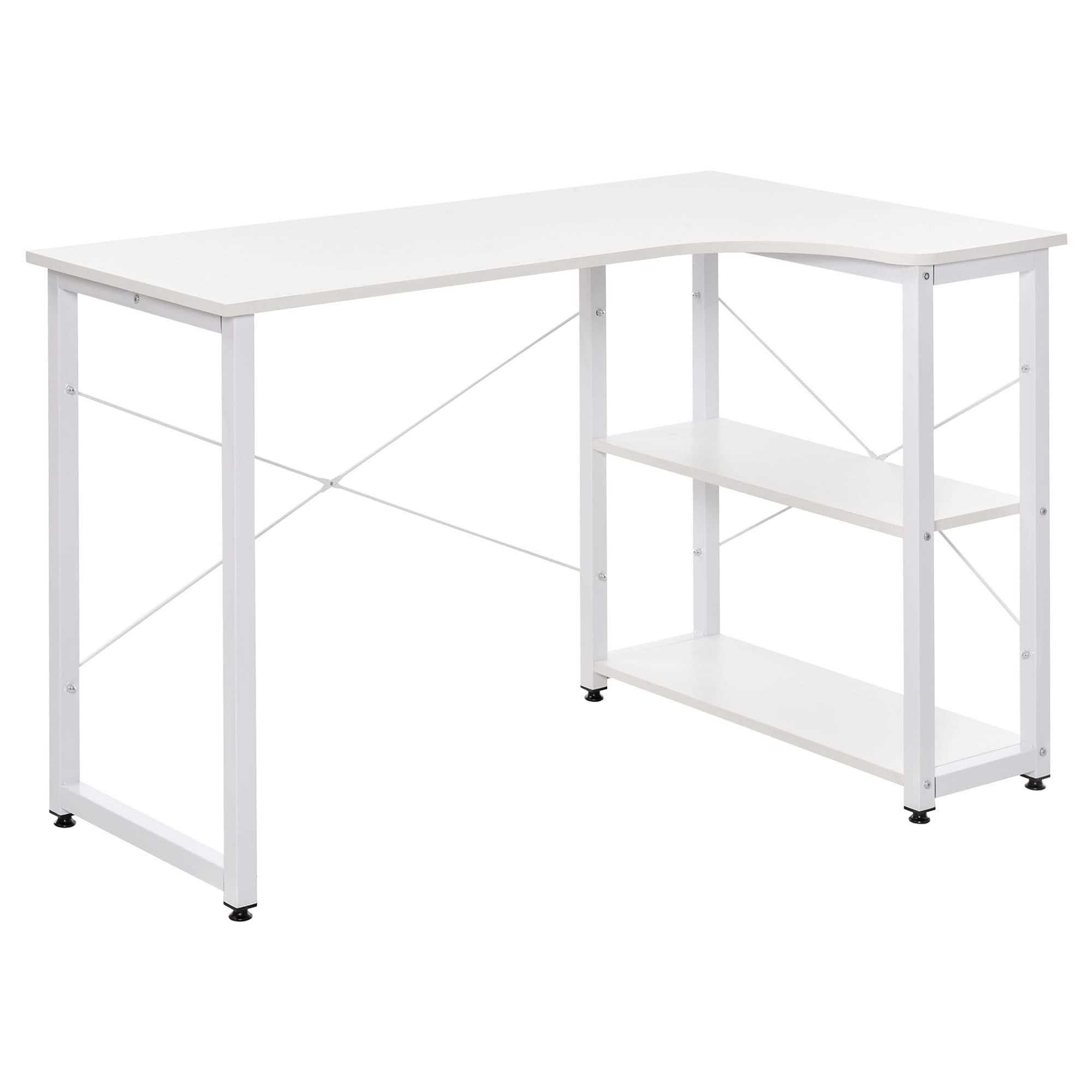 HOMCOM Industrial L-Shaped Computer Desk with 2 Side Shelves & Steel Frame, White Corner Desk for Home Office, Study & Gaming Workstation - Perfect for Small Spaces & Multi-Monitor Setups