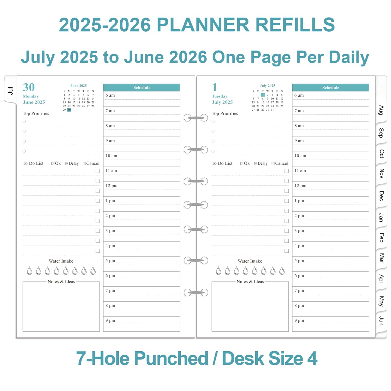 2025-2026 Planner Refills - Daily & Monthly Planner with Prioritized To-Do List, Notes & Appointment Schedule | July 2025-June 2026 | 7-Hole Punched | Desk Size 4 (5.8
