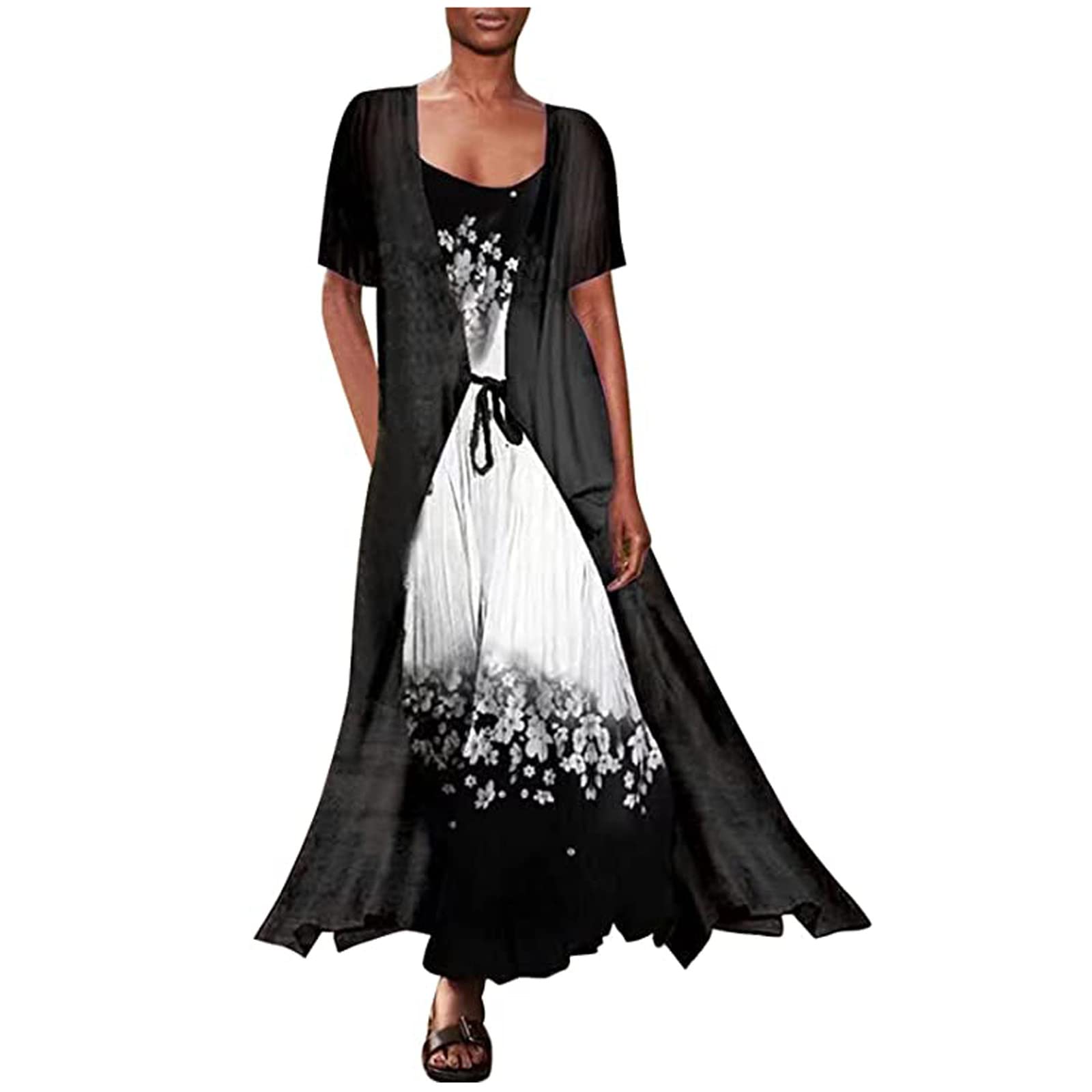 Women's Floral Print Summer Long Dress Two-Piece Set - Plus Size Crewneck Midi Dress with Short Sleeves - Elegant Wedding Guest Outfit for Beach Vacations & Garden Parties
