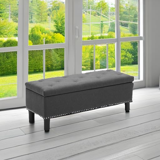 Furniliving Storage Ottoman Bench with Wood Legs - Foldable Upholstered Button-Tufted Entryway Bench for Bedroom, Living Room & Hallway - Dark Grey Linen Fabric (Multi-Functional Seat & Storage Solution)