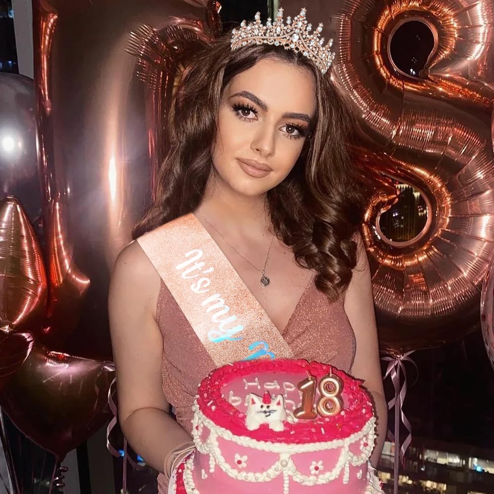 TOBATOBA Rose Gold Glitter Birthday Sash & Crystal Tiara Set for Women Girls - Princess Crown, Quinceanera Accessories, Birthday Party Decorations - Perfect for Birthday Celebrations, Bachelorette Parties & Special Events