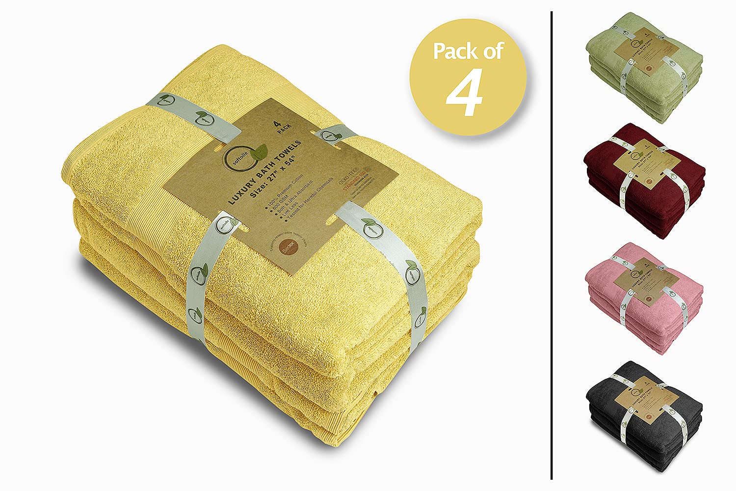 Softolle 100% Cotton Luxury Bath Towels Set of 4 - Ultra Soft & Absorbent 27x54 Inch Bathroom Towels - Eco-Friendly, Hypoallergenic - Perfect for Spa, Hotel & Home Use (Yellow)