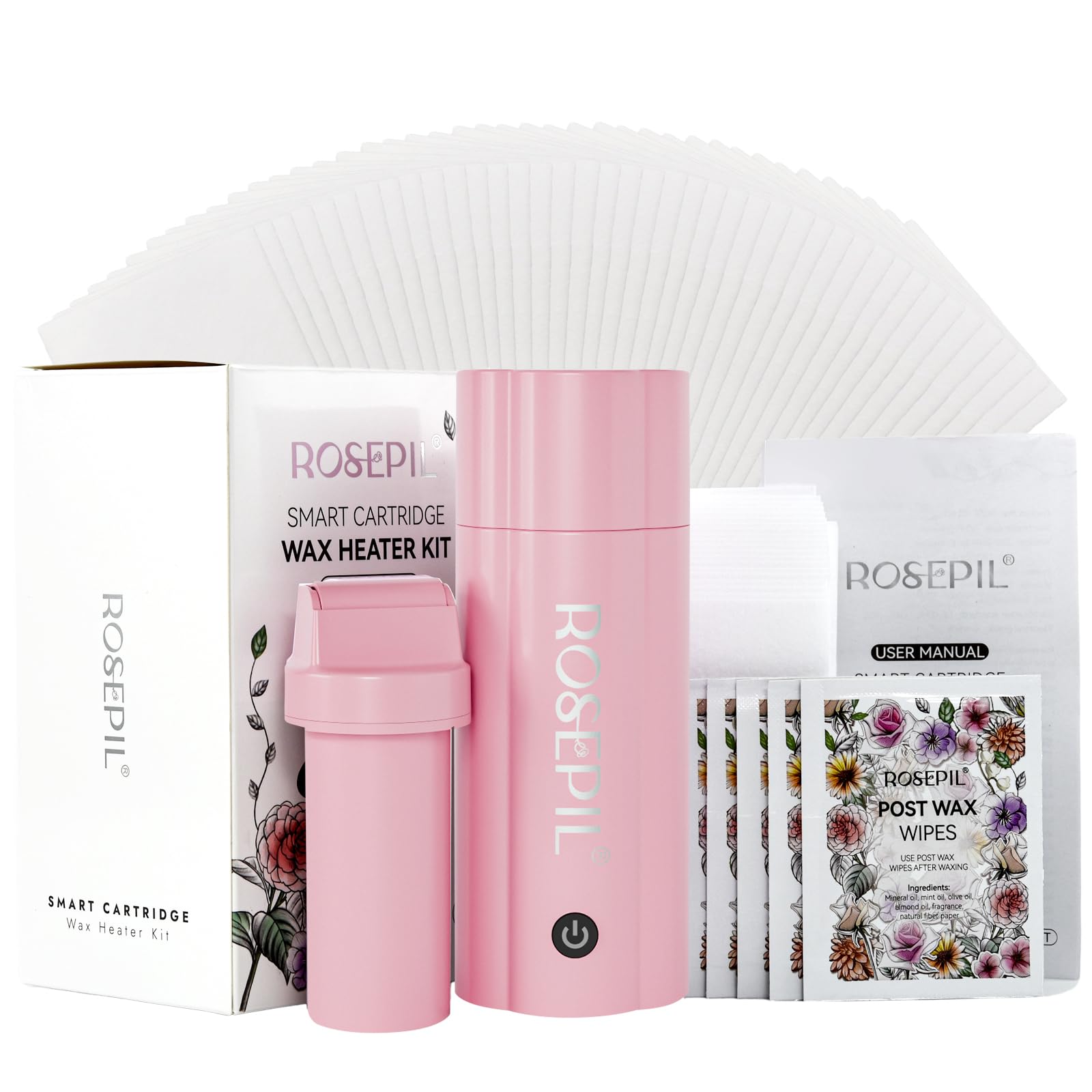 Rosepil Roll-On Floral Hair Removal Wax Heater Kit - Pink Wax Warmer with Non-Woven Strips & Wipes for Smooth Skin | At-Home Salon Waxing for Legs, Arms, Bikini & Face