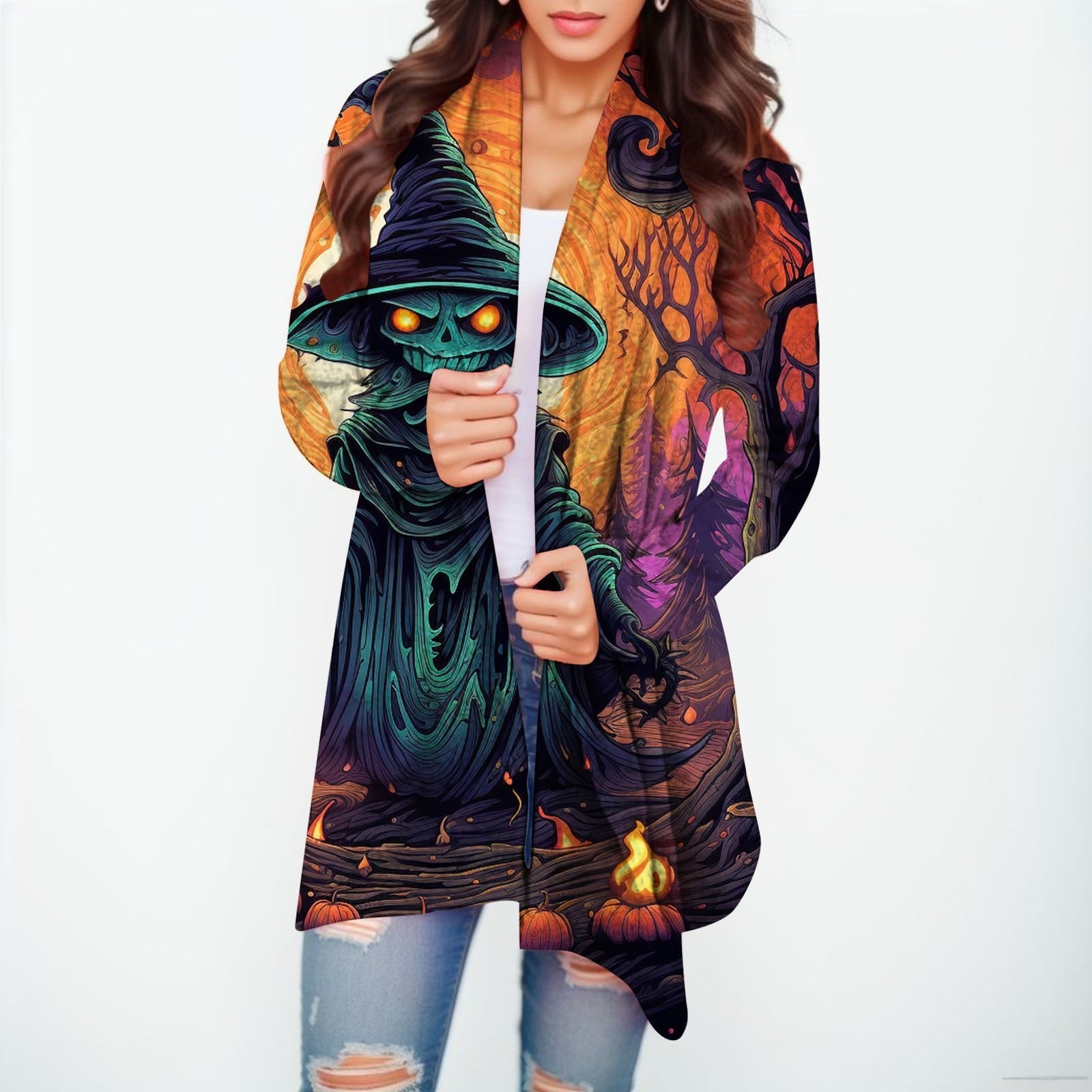 Halloween Women's Cardigan - Witch & Spider Web Graphic Open Front Sweater with Pockets | Cozy Fall Casual Jacket for Costume Parties, Office Wear & Autumn Outfits
