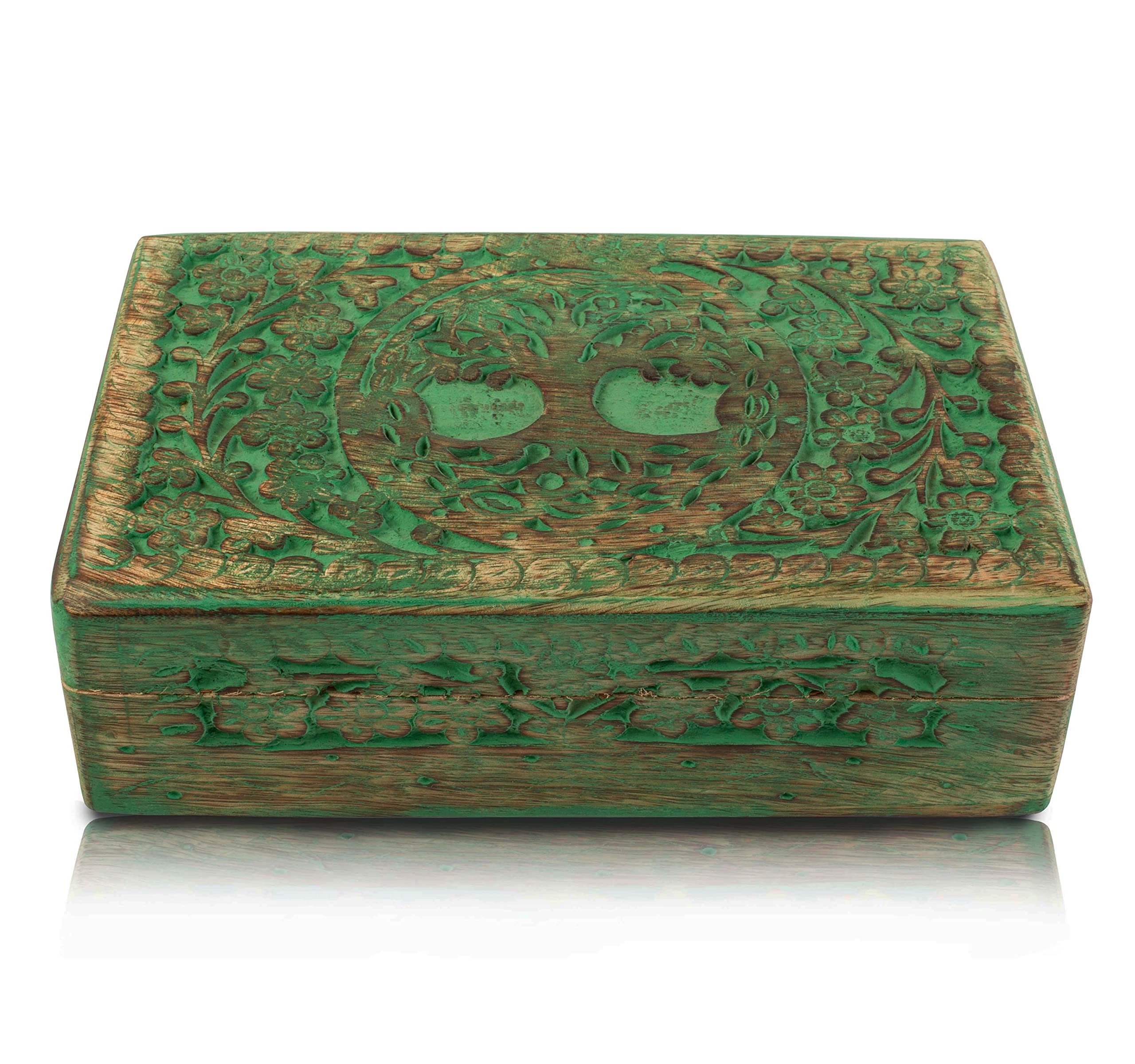Handmade Wooden Jewelry Box with Tree of Life Carving - Jewelry Organizer, Keepsake Box & Watch Storage - Perfect Birthday, Housewarming Gift & Home Decor (Green) - Ideal for Organizing Rings, Necklaces & Valuables in Bedroom or Dresser