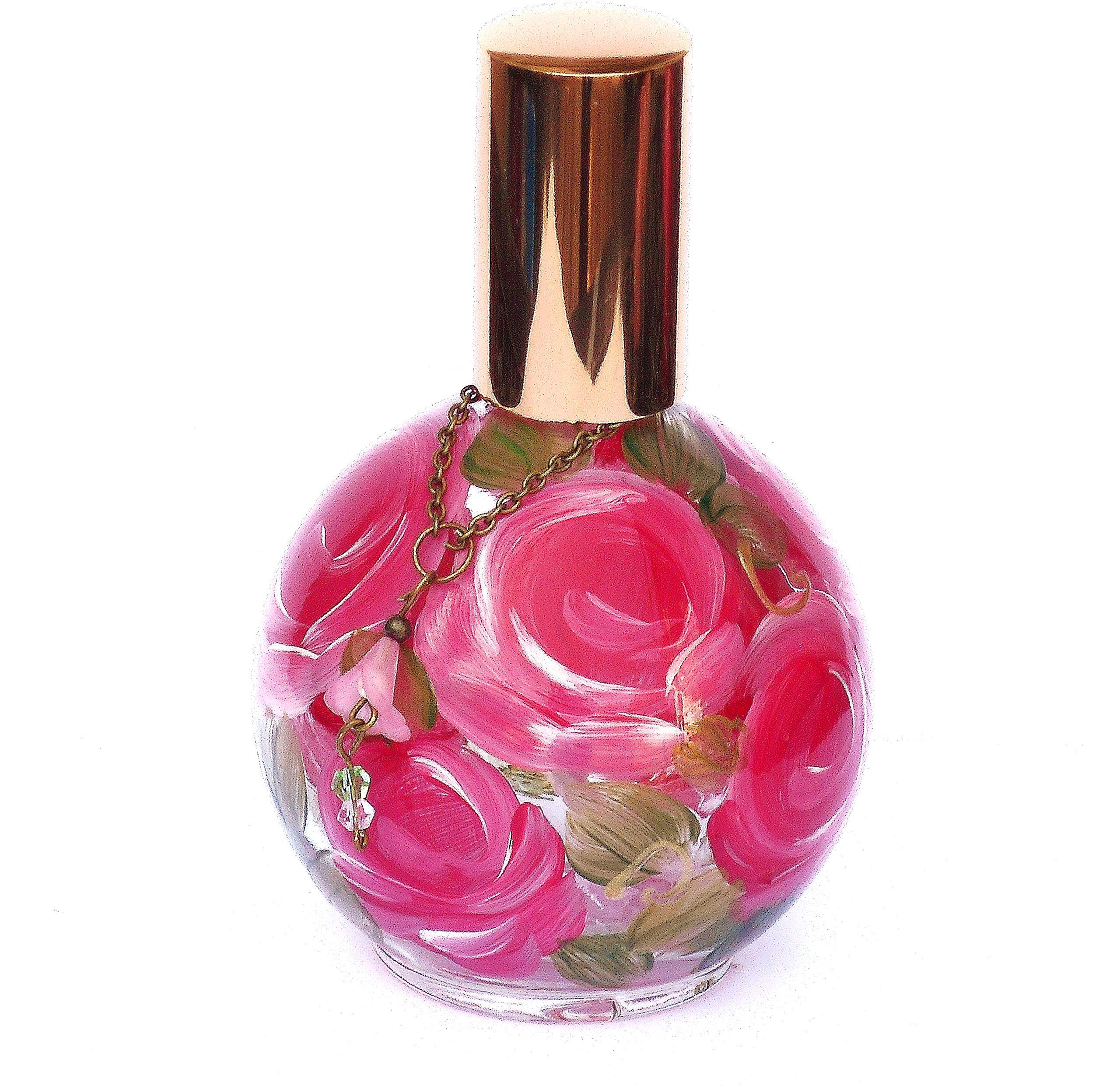 Hand Painted Pink Roses Glass Perfume Bottle with Pump - Romantic Round Soap Dispenser for Bathroom Decor | Shabby Chic Vanity Organizer, Gift for Her, Home Fragrance Essential Oil Sprayer