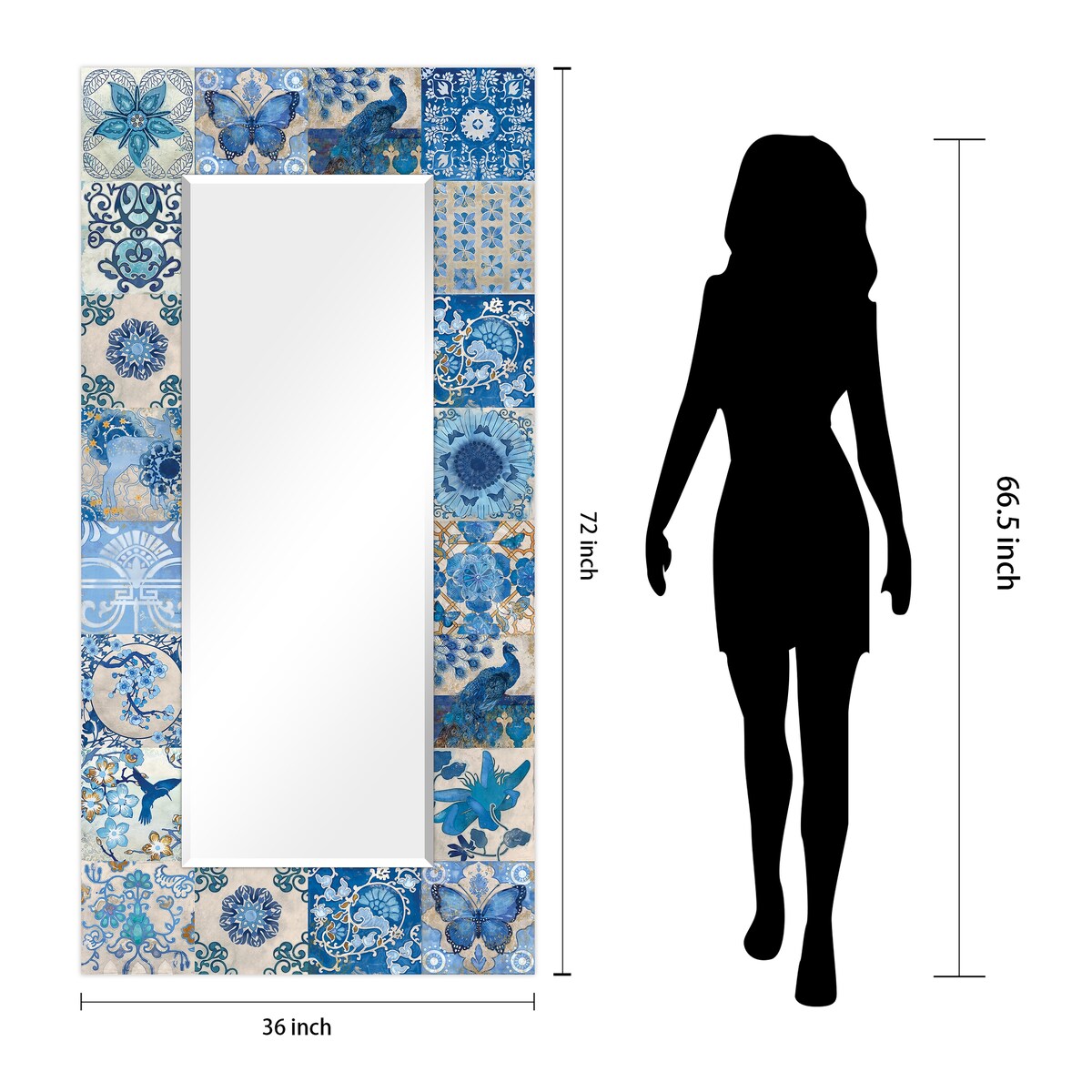 Blue & White Abstract Rectangular Beveled Wall Mirror - 72 x 36 Inches - Tempered Glass Free Floating Design - Perfect for Living Room, Bedroom or Entryway Decor