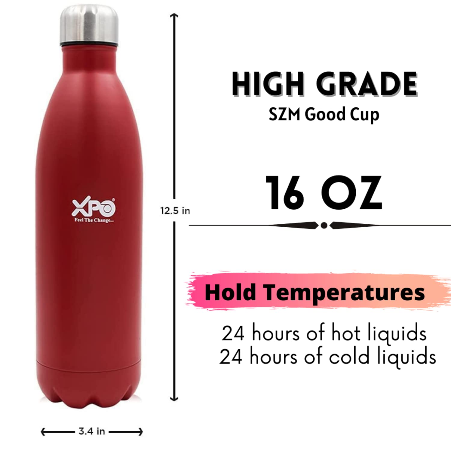 XPO Stainless Steel Vacuum Insulated Water Bottle - 16oz, Leakproof, BPA-Free, Scratch Resistant, Keeps Hot & Cold for 24 Hours (Red) - Perfect for Hiking, Gym, Office & Outdoor Activities