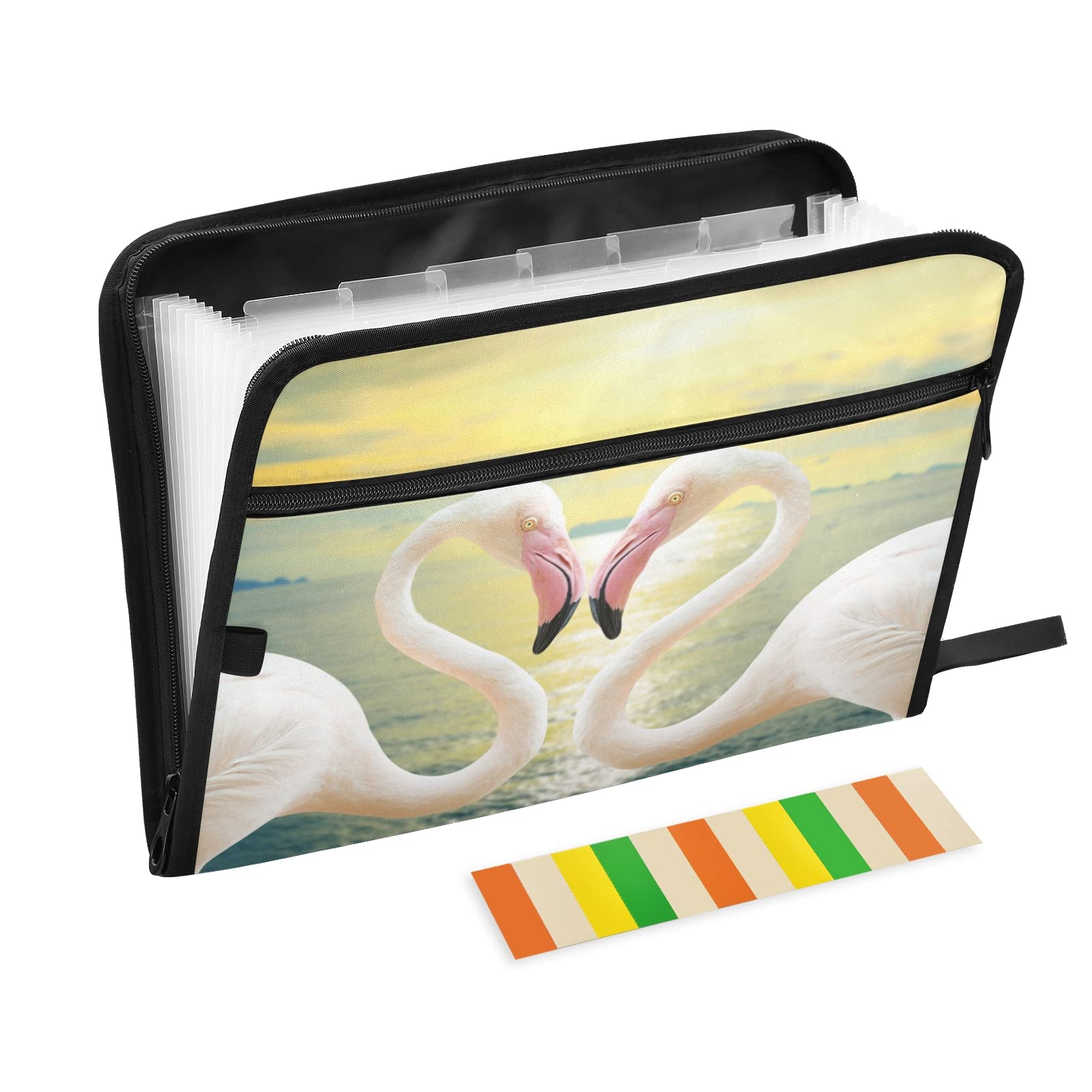 UMIRIKO Flamingo Couple 13-Pocket Expanding File Folder with Sticky Labels - Accordion Organizer for A4/Letter Size Documents - Zippered Closure for Secure Storage | Perfect for Office, School, Home & Travel Document Organization