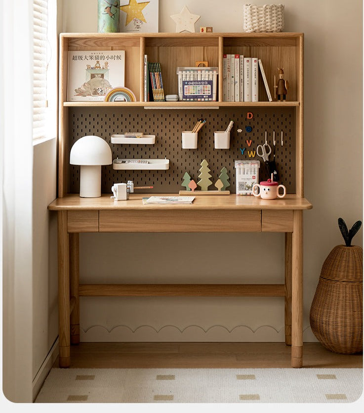 Solid Oak Wood Adjustable Height Kids Study Desk with Bookshelf - Perfect for Homework, Reading & Organizing in Bedroom or Playroom