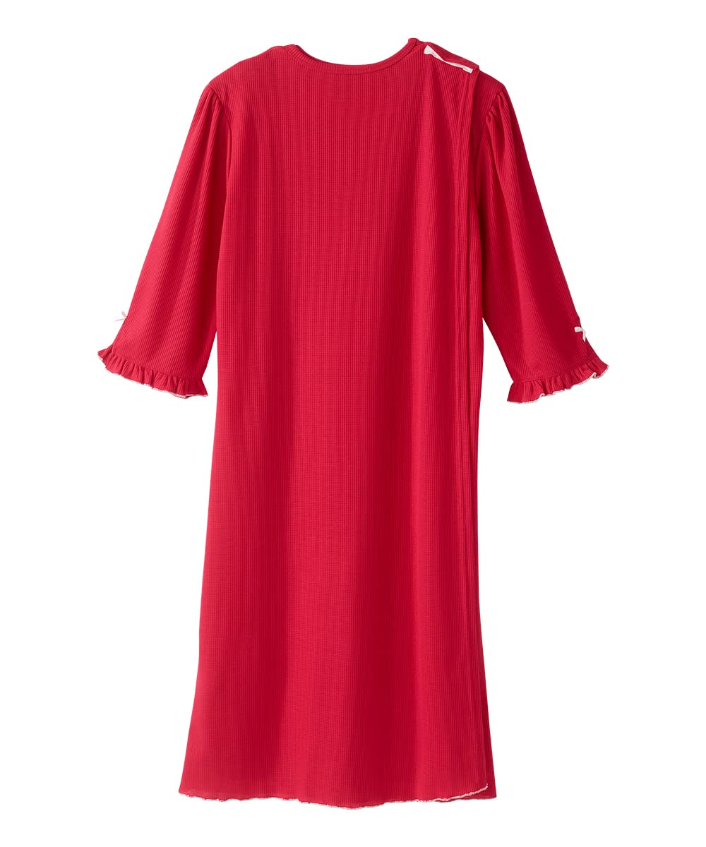 Women's Open Back Adaptive Waffle Knit Nightgown - Comfortable Hospital Gown for Seniors with Decorative Bows | Easy Wear for Post-Surgery, Elderly Care & Home Recovery