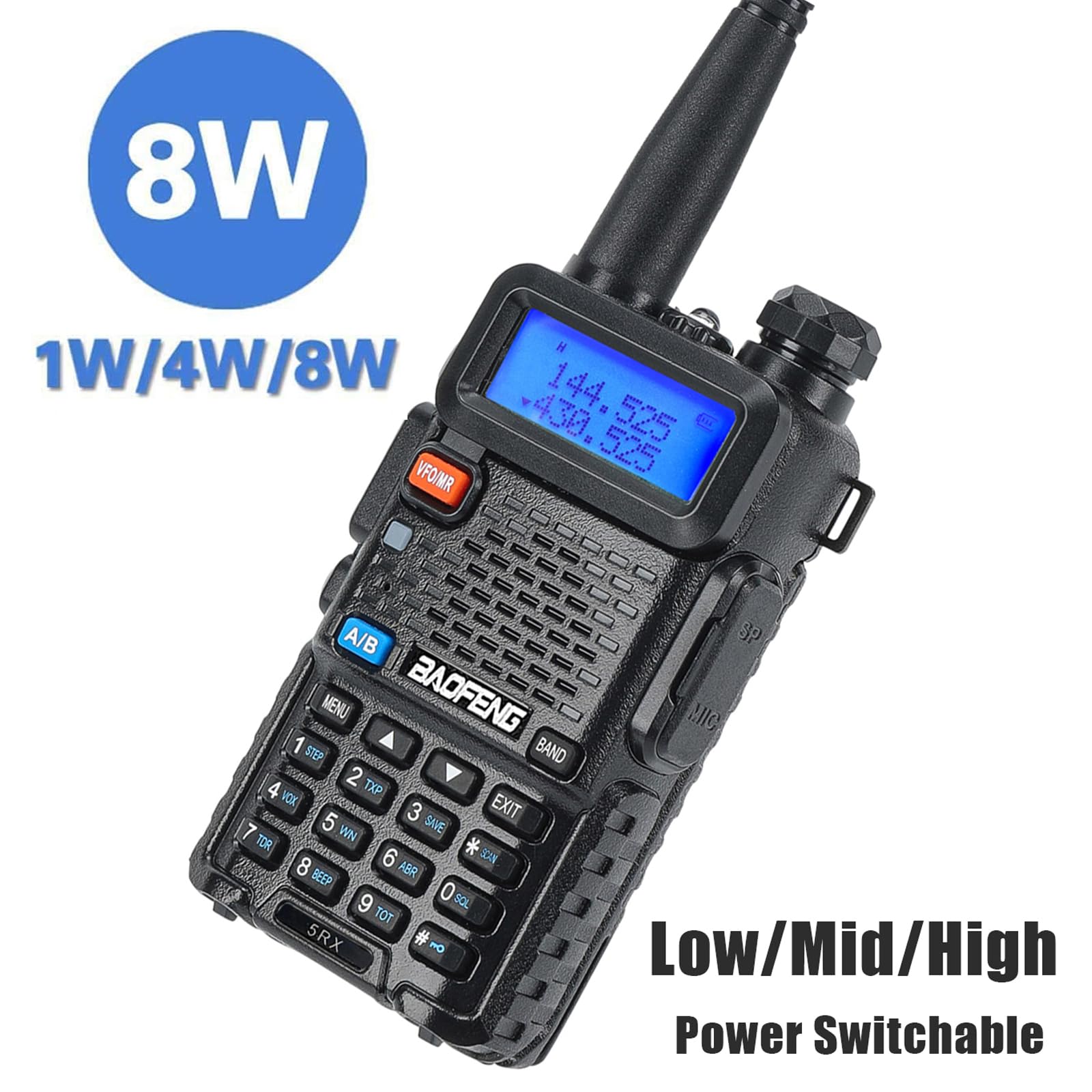 BAOFENG UV-5RX 8W Dual Band Walkie Talkies (144-148MHz & 430-450MHz) - Upgraded Ham Radio with 1800mAh Rechargeable Battery & Earpiece - Perfect for Outdoor Adventures, Construction Sites, and Emergency Communication