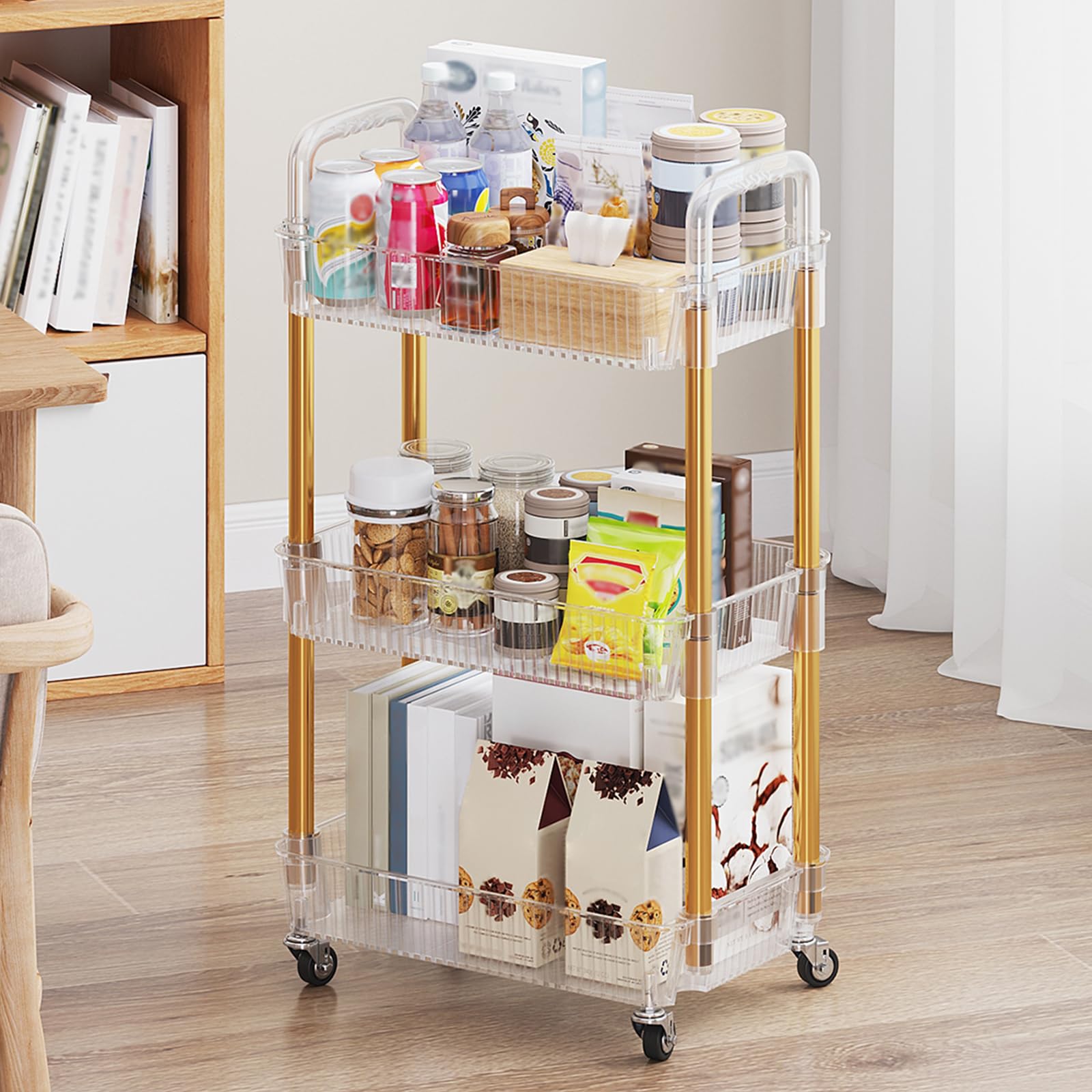 3-Tier Rolling Cart with Wheels - Sturdy Metal & PET Makeup Organizer, Snack Caddy for Kitchen, Bathroom, Office & Living Room - Golden Mobile Storage Cart for Beauty Products, Books & Home Essentials