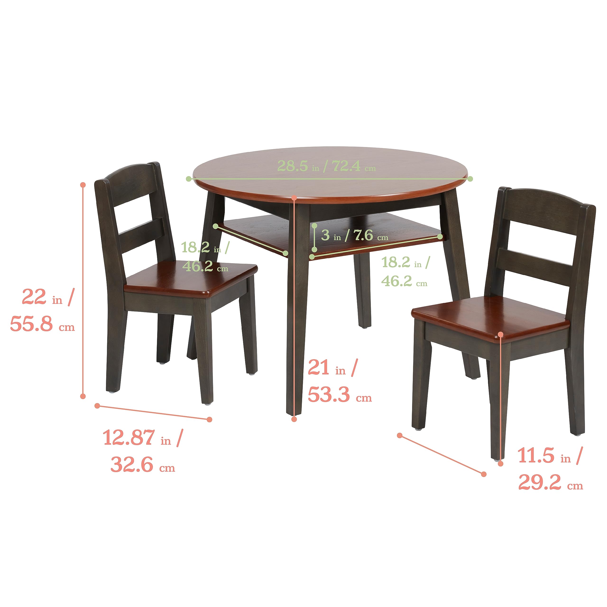 ECR4Kids Hideaway Table and Chair Set - 3-Piece Kids Furniture for Playroom, Classroom or Home - Dark Walnut & Grey Wash Wooden Study Desk with Foldable Chairs