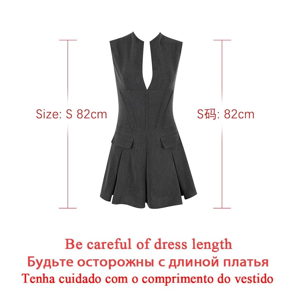 2023 Fashionable Sleeveless Women's Blazer Dress with Pockets - Gray Office Lady A-Line Dress for Work & Casual Wear | Perfect for Business Meetings, Office Outfits & Smart Casual Occasions
