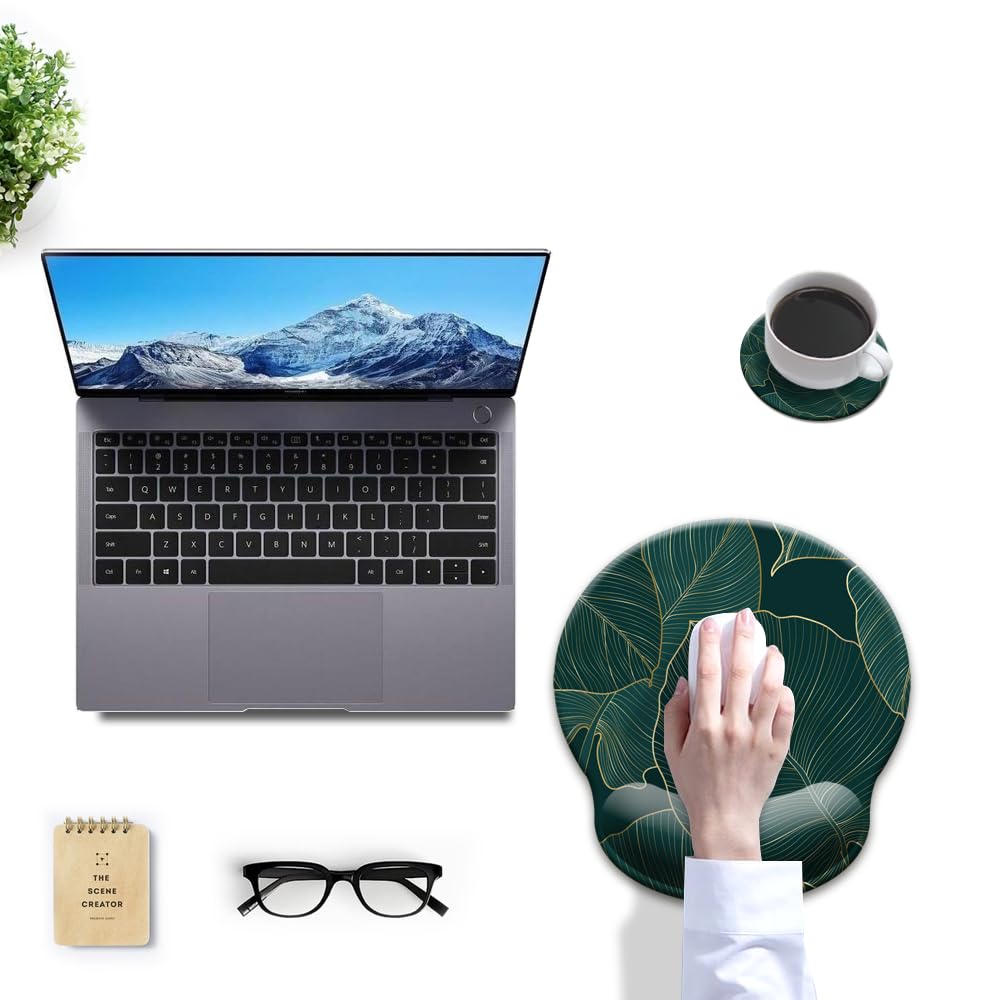 Ergonomic Mouse Pad with Wrist Support - Gel Cushion Wrist Rest for Pain Relief, Non-Slip Rubber Base Computer Mouse Pad for Laptop & PC (Green Leaves Design) - Perfect for Office, Gaming & Long Computer Work Sessions
