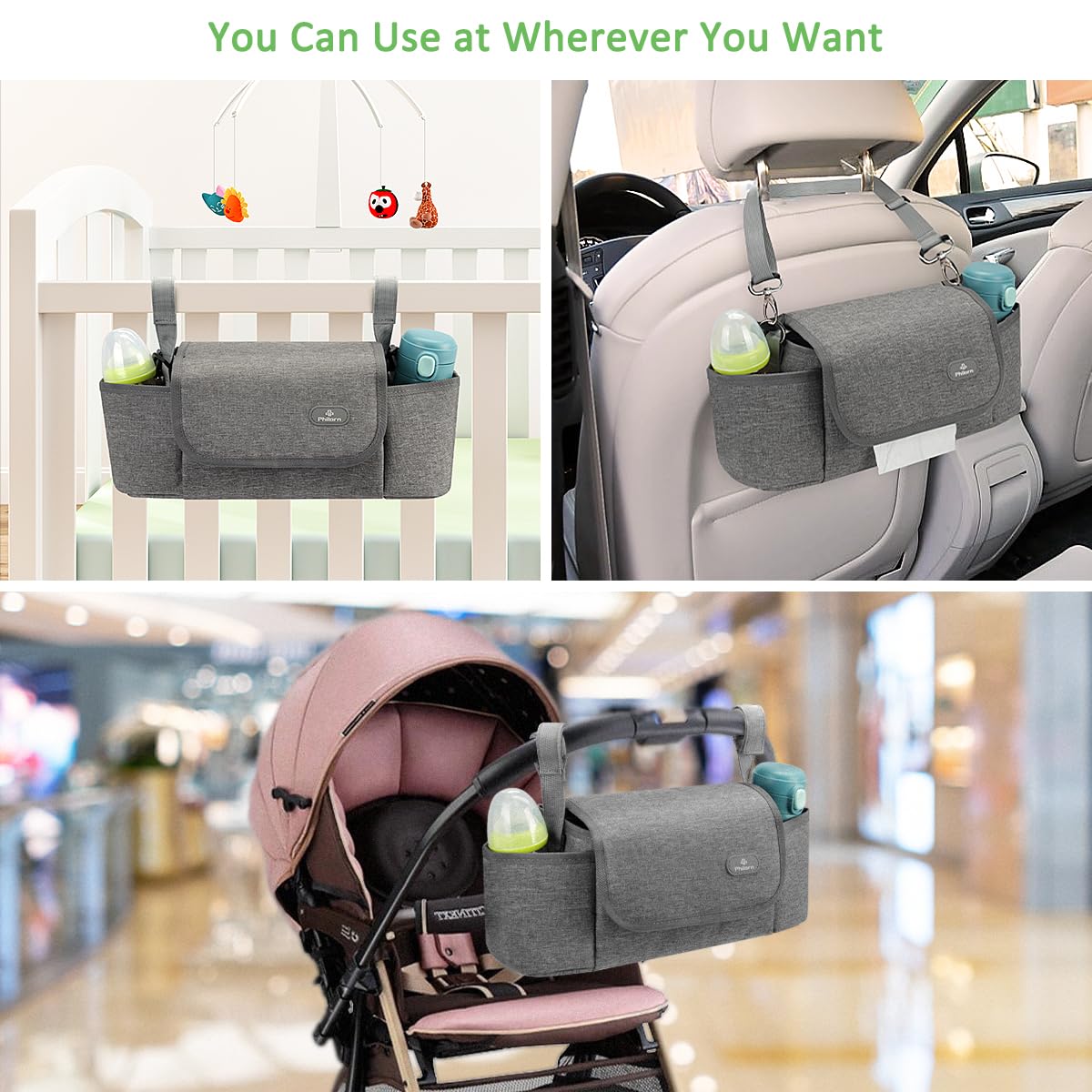 PHILORN Universal Stroller Organizer Bag with Insulated Cup Holder - Grey Stroller Caddy with Detachable Shoulder Strap & Large Storage Space | Perfect for Diapers, Toys & Snacks on the Go