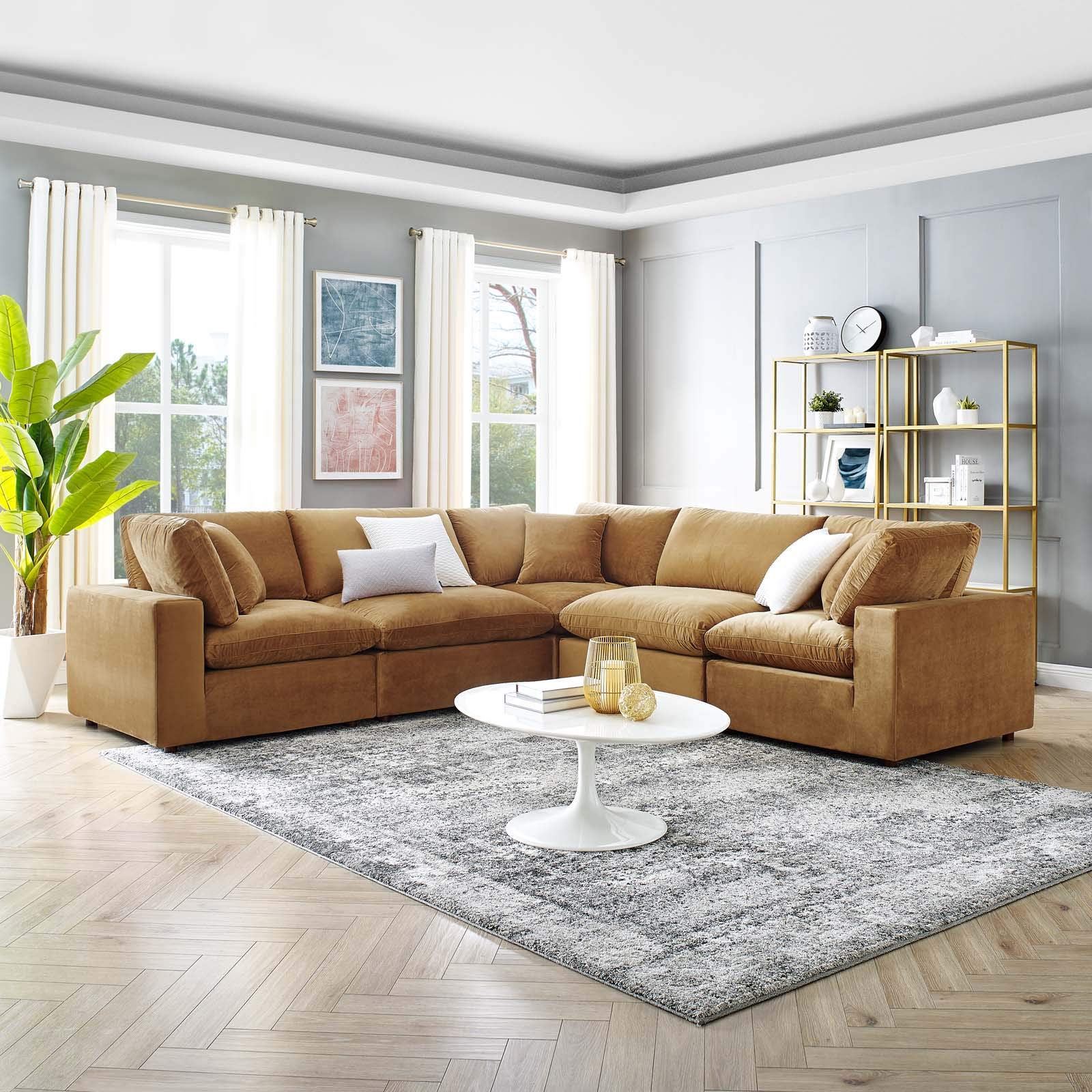 Modway Commix 5-Piece Sectional Sofa with Down Filled Overstuffed Cushions & Performance Velvet Upholstery in Cognac Brown - Perfect for Living Room, Family Room or Home Theater Seating