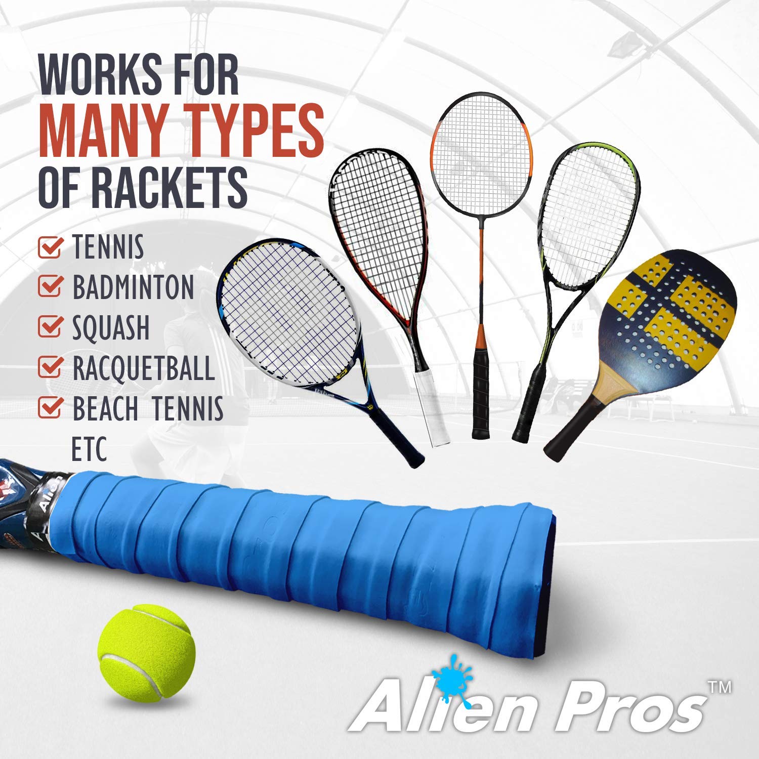 ALIEN PROS 18 Pack Blue Tennis Racket Grip Tape – Precut, Light Tac Feel, Durable Tennis Grip for Enhanced Performance on Court