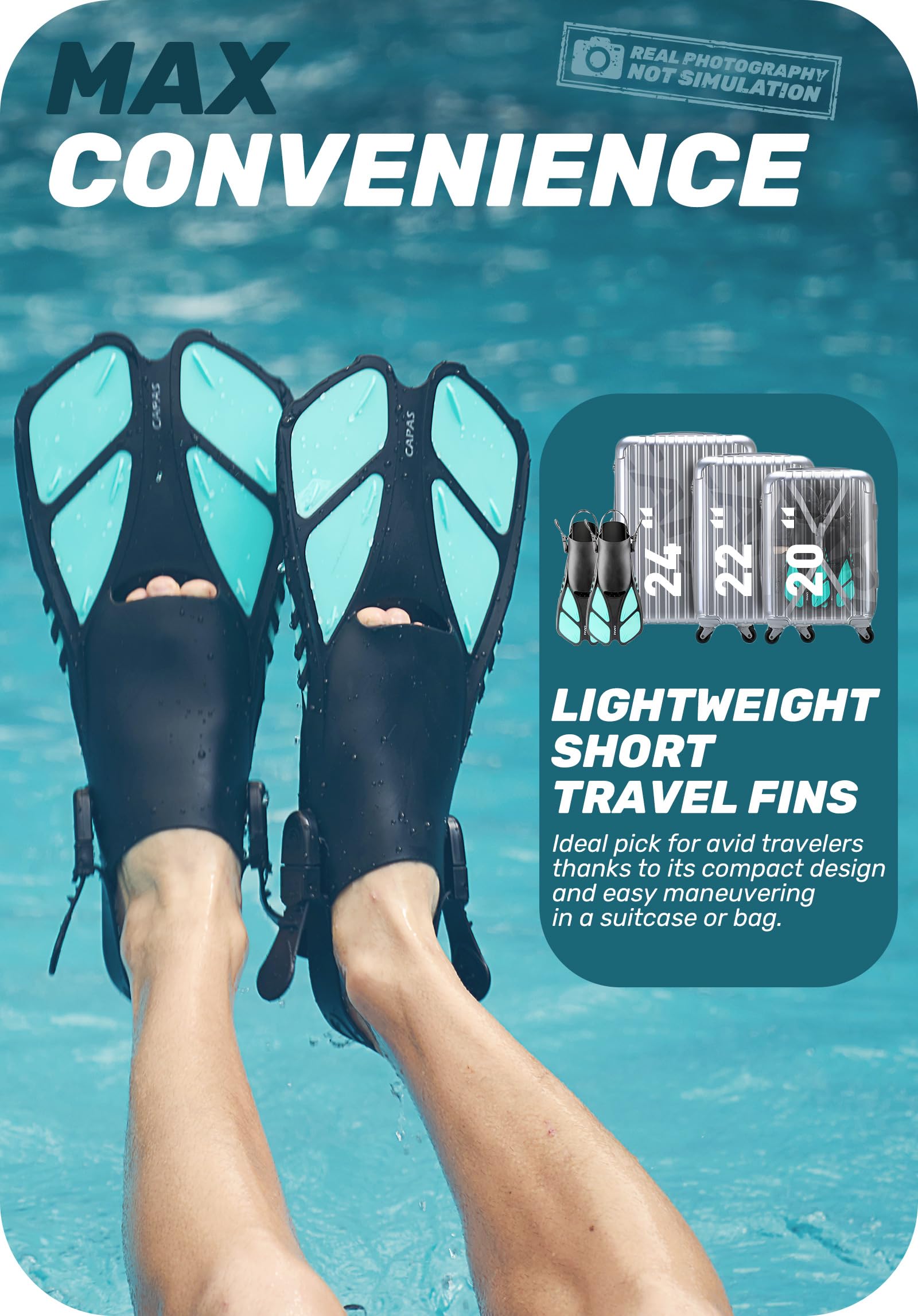 **CAPAS Snorkel Fins - Adjustable Travel Size Swim Fins for Snorkeling & Diving - Open Heel Swimming Flippers for Adults, Men, Women & Kids - Perfect for Beach Vacations, Pool Swimming & Underwater Adventures**
