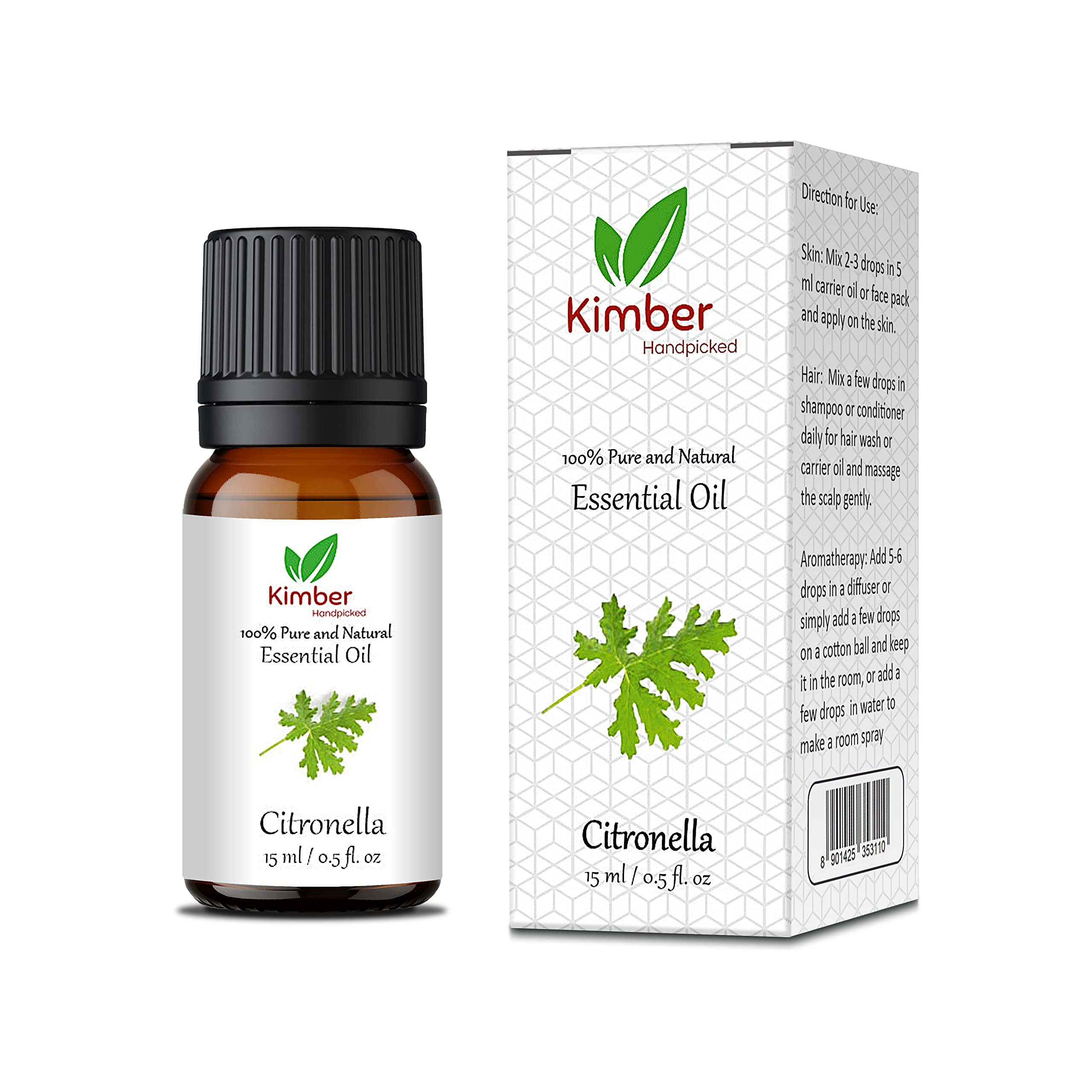 Kimber Citronella Essential Oil - 100% Pure & Natural Therapeutic Grade for Skin Care, Healthy Hair & Aromatherapy (15ml) | Perfect for Massage, Diffusers & DIY Beauty Products