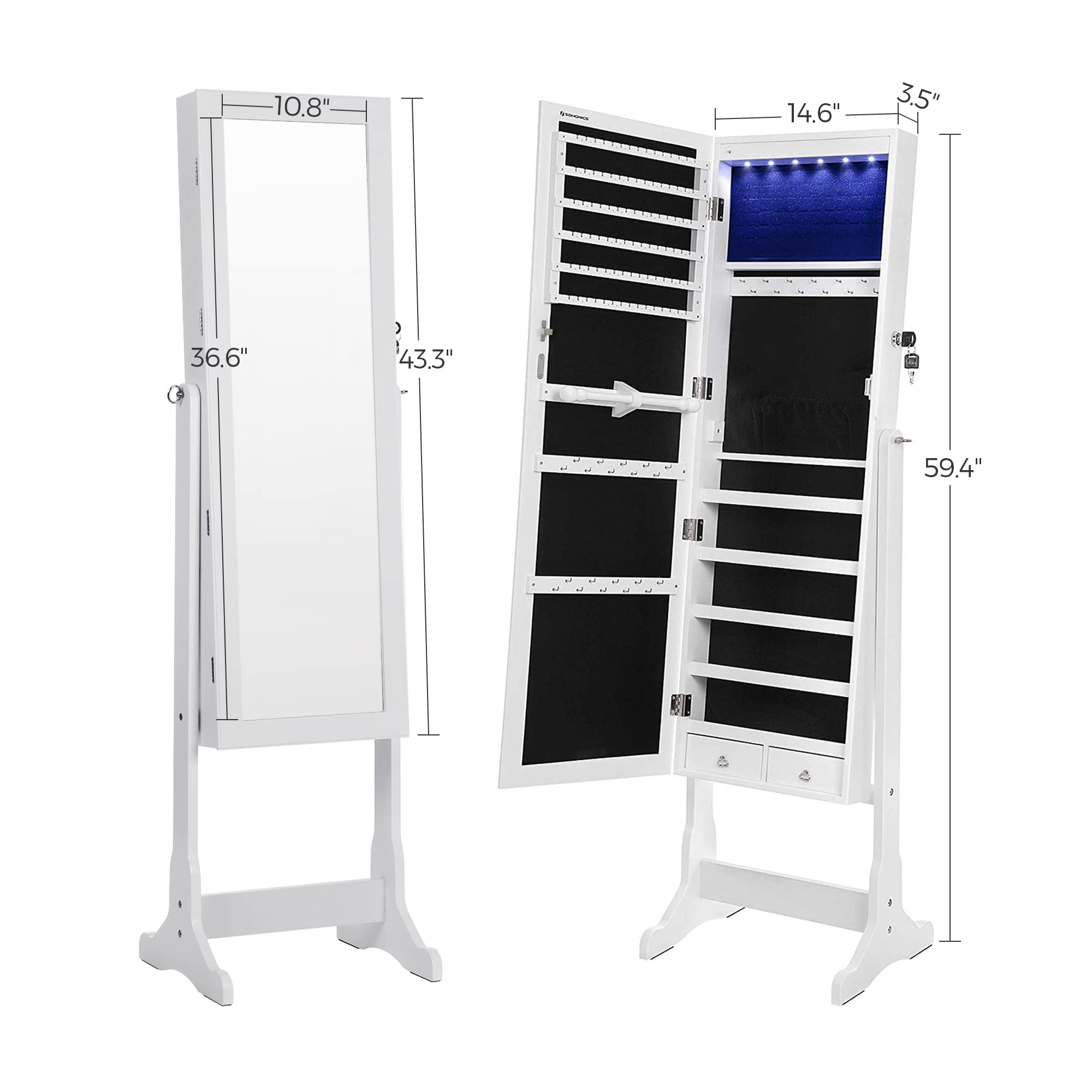 SONGMICS White Jewelry Cabinet with 6 LED Lights - Lockable Mirrored Jewelry Armoire Organizer with 2 Drawers | Perfect for Bedroom, Closet & Dressing Room Organization