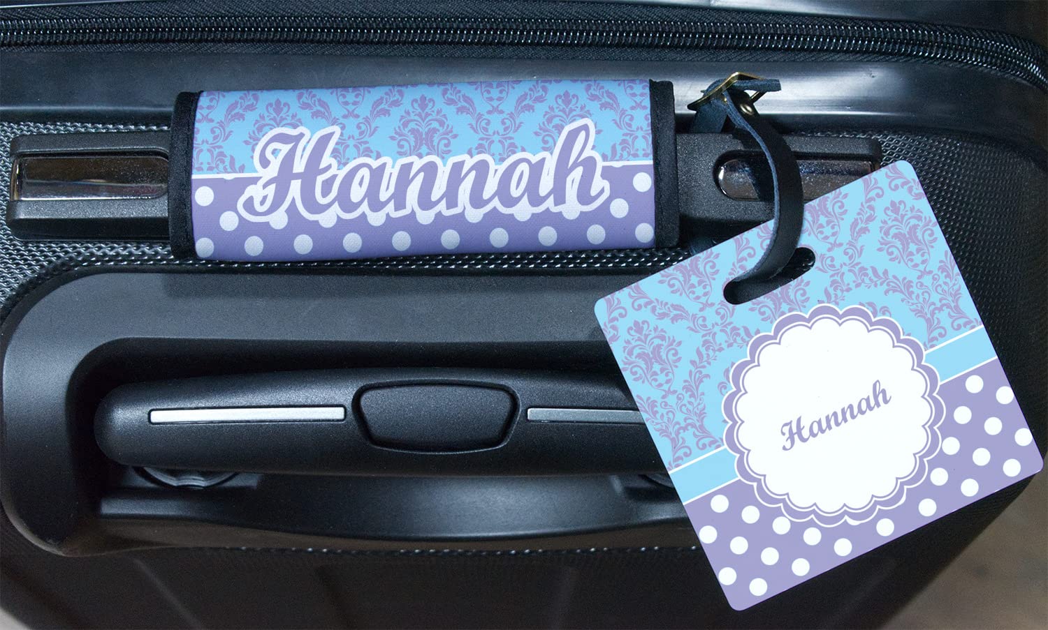 Custom Purple Damask & Dots Personalized Plastic Luggage Tag with Name/Text - Square Travel ID Tag for Suitcases, Backpacks & Carry-On Bags
