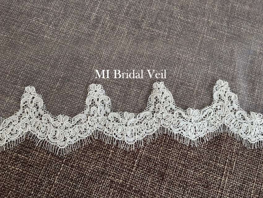 Elegant Mantilla Lace Wedding Veil with Fingertip Length & Delicate Eyelash Lace Trim - Perfect for Bridal Ceremonies, Church Weddings, and Romantic Photos