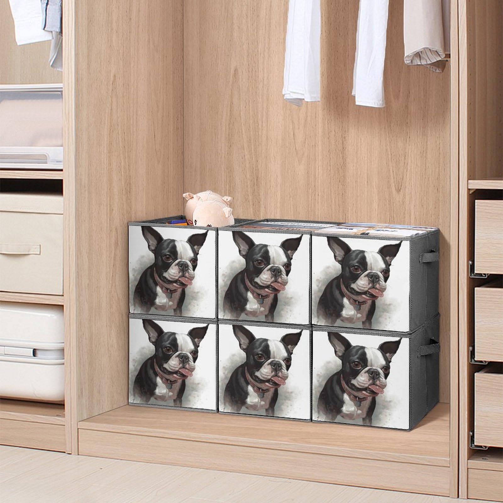 6PCS Collapsible Storage Bins with Handles - Boston Terrier Printed Foldable Storage Boxes for Shelves, Closet, Kitchen & Bathroom Organization | Multi-Purpose Storage Containers for Home, Office & Pet Supplies