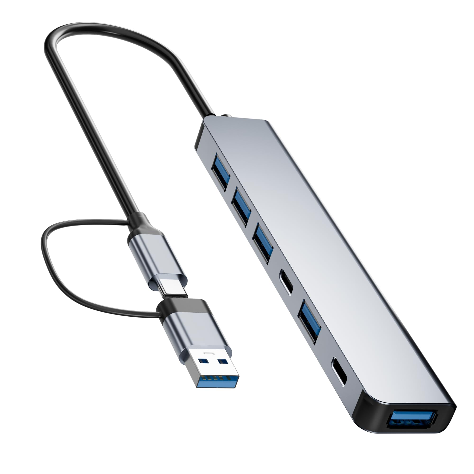 7-in-1 Aluminum USB C Hub with 2x USB-C & 5x USB-A 3.0 Ports - Ultra Slim Portable Adapter for Laptop, MacBook, Gaming (PS4/Xbox), Office (Printer/Keyboard/Mouse) & External Storage (HDD/Flash Drive) - Expand Connectivity for Work, Gaming & Travel