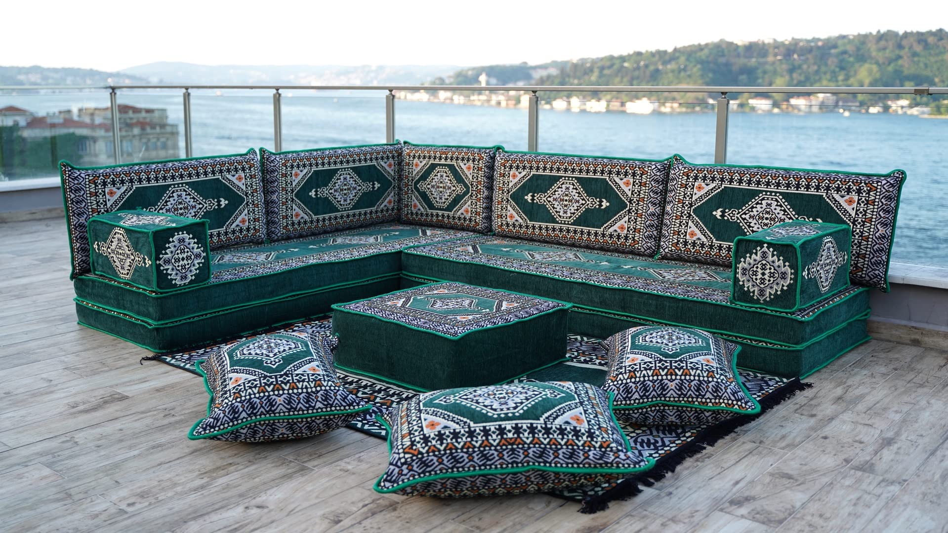 Premium L-Shaped Floor Sofa Set - Green Ethnic Moroccan Style Sectional Couch for Living Room, Balcony, Patio & Lounge - Includes Floor Cushions & Pallet Sofa (Full L-Shaped Set) - Perfect for Small Spaces, Meditation & Relaxation
