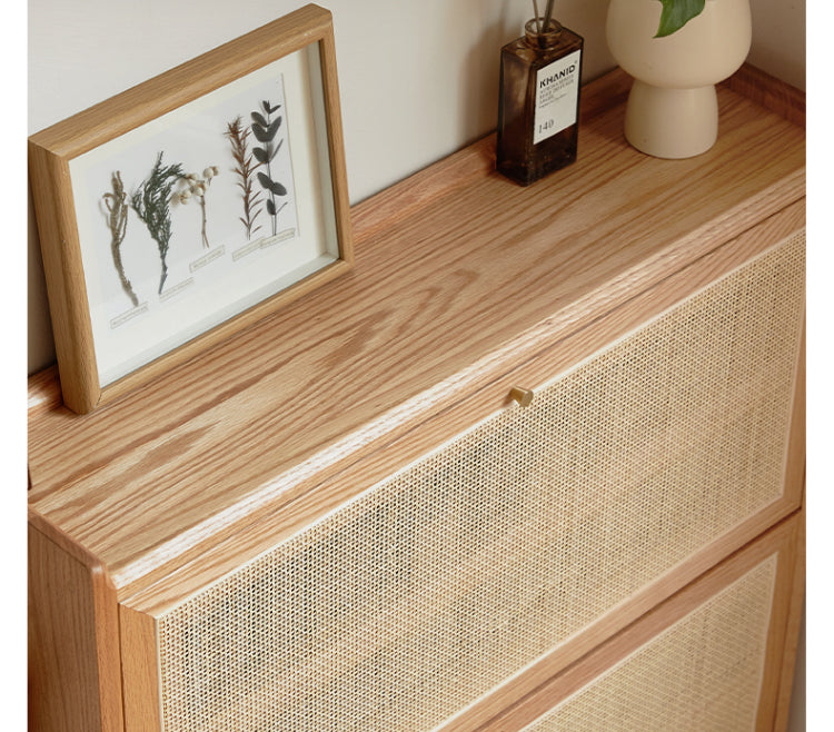 Oak Solid Wood Ultra Thin Flap Door Rattan Shoe Cabinet - Space Saving Entryway Storage Organizer for Hallway, Closet & Mudroom