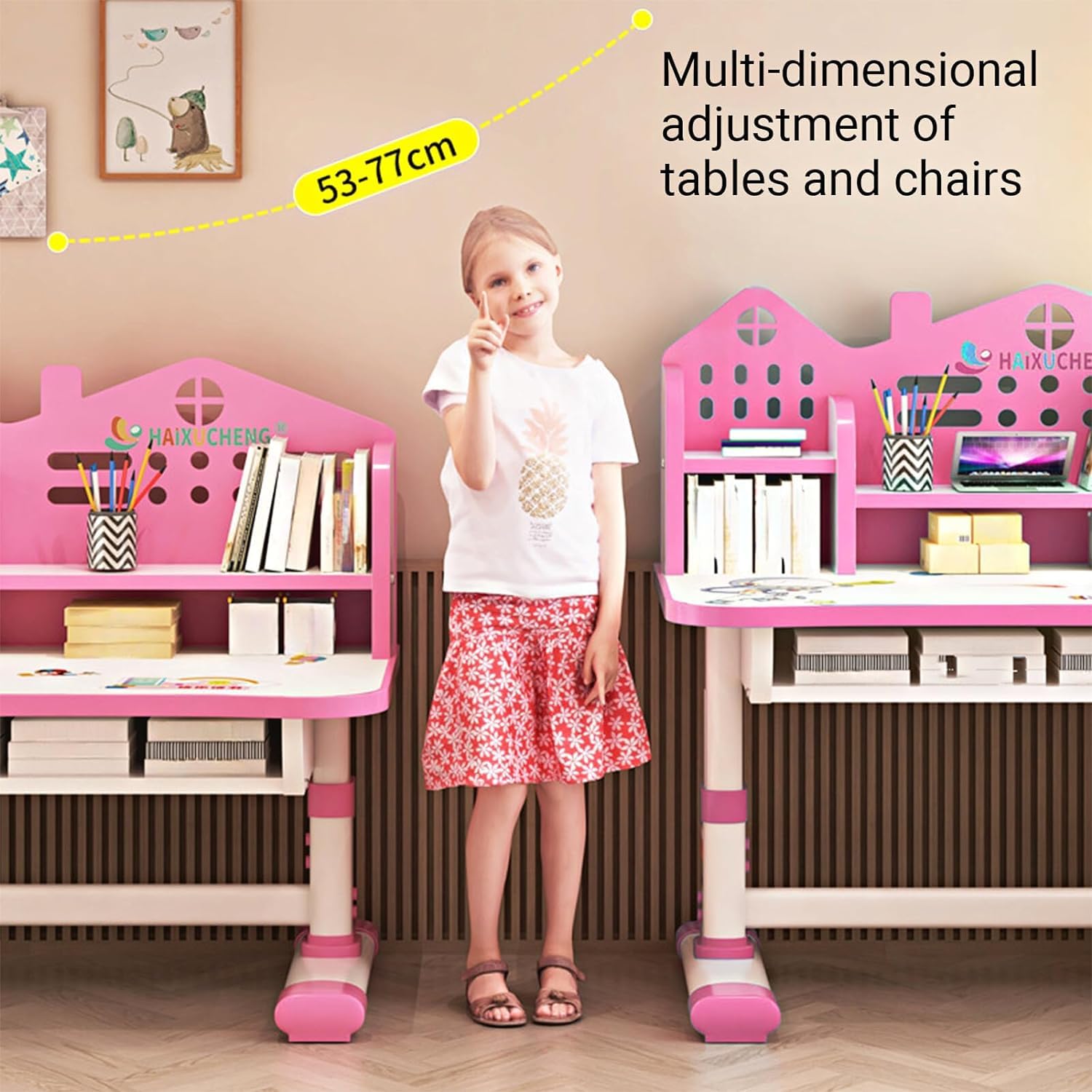 Pink Adjustable Height Kids Desk and Chair Set with Drawers & Storage - Cartoon Pattern Study Desk for Girls, Ergonomic Curved Desktop for School & Homework - Perfect for Bedroom, Homeschooling & Online Learning