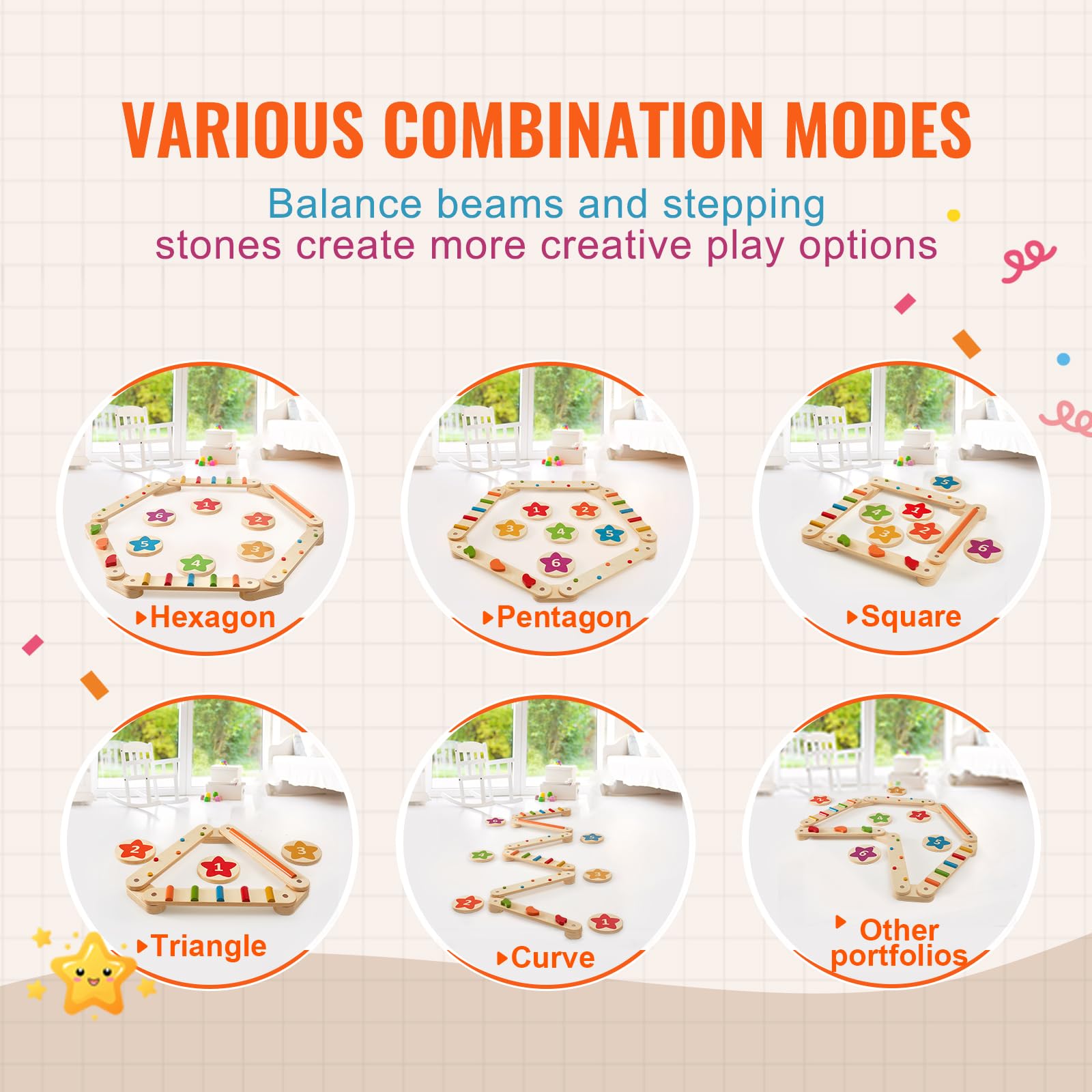 VEVOR Wooden Balance Beam Stepping Stones - 6 PCS Montessori Toys for Toddlers Age 2-6 | Improve Coordination & Gross Motor Skills | Indoor/Outdoor Gymnastics Obstacle Course for Boys & Girls | Perfect for Playrooms, Backyards & Preschool Activities