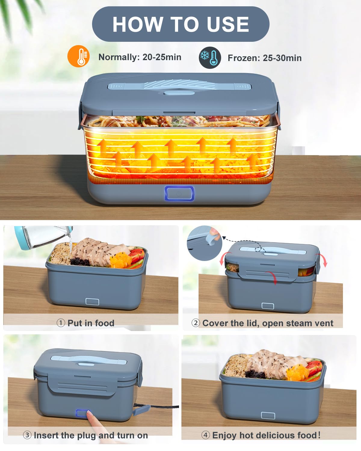 Monteka 100W Electric Lunch Box Food Warmer - Portable Heated Lunch Container for Adults with 1.8L Removable Stainless Steel Inner Pot (12V/24V/110V/220V) - Perfect for Office, Car, Travel & Home Use - Blue