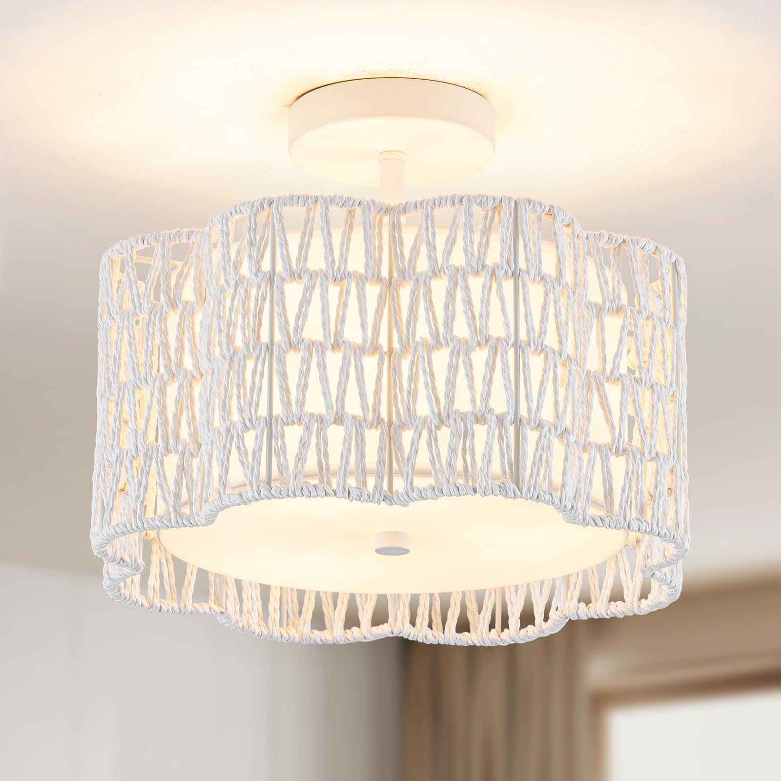 Boho Rattan Light Fixture - 3-Light White Ceiling Lamp with Plum Flower Design for Bedroom, Hallway, Dining Room & Farmhouse Kitchen | Vintage Home Decor Lighting for Cozy Ambiance